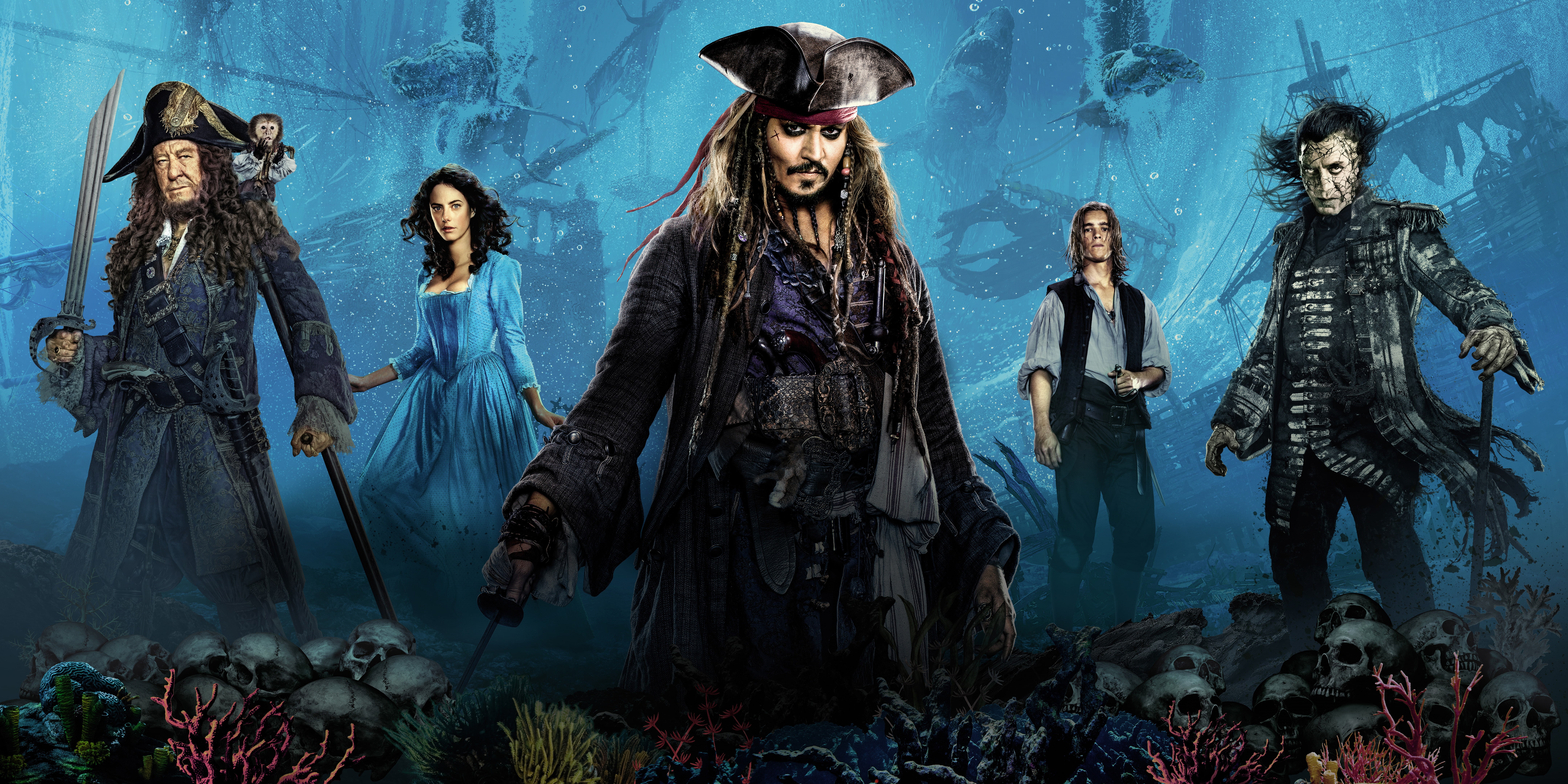 caribbean, Brenton Thwaites, Javier Bardem, Pirates of the Caribbean: Dead Men Tell No Tales, Captain Jack Sparrow, Captain Salazar, Kaya Scodelario, Johnny Depp, HD Wallpaper