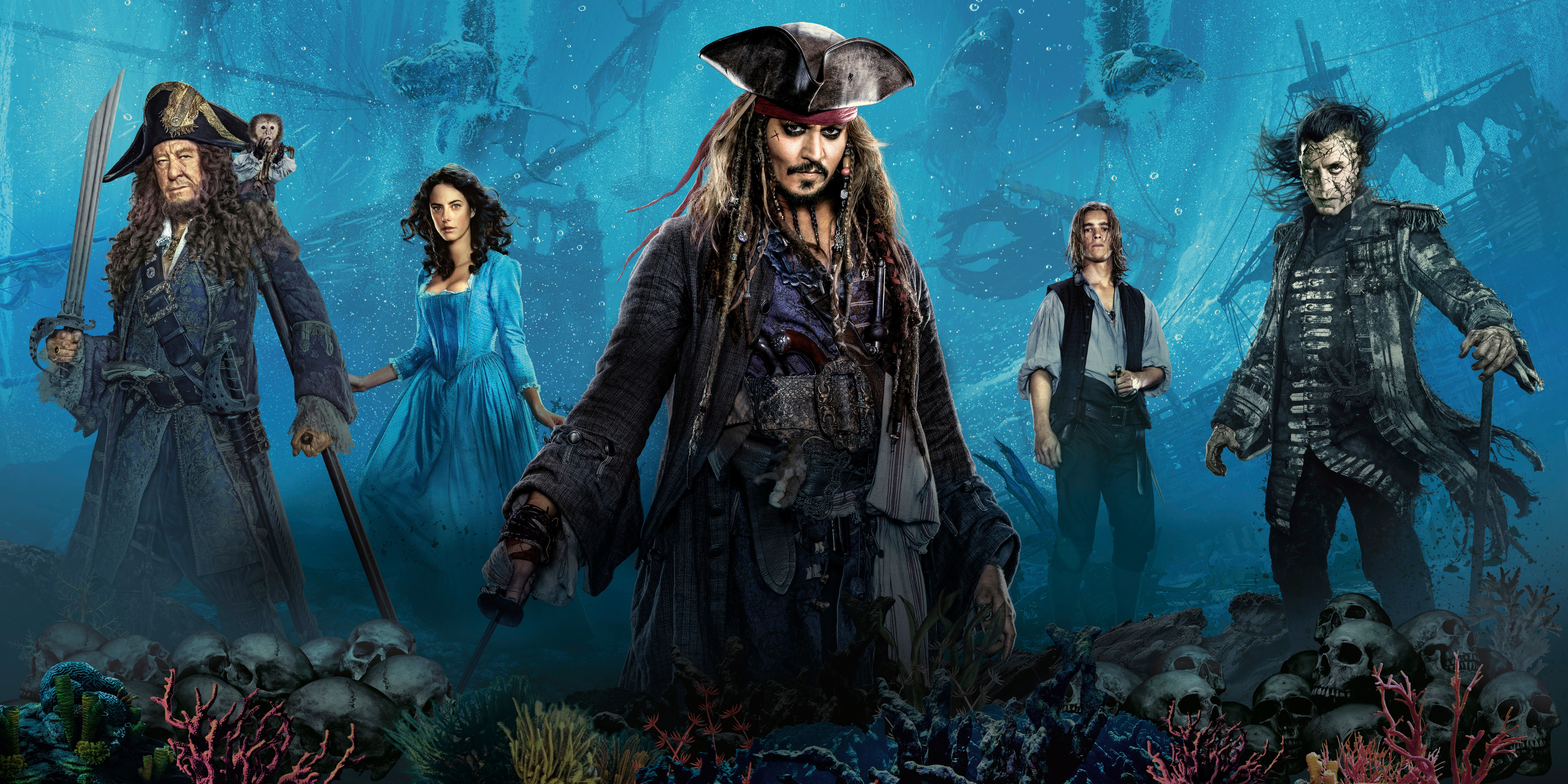 8K, Captain Salazar, Johnny Depp, Henry Turner, Geoffrey Rush, Brenton Thwaites, Kaya Scodelario, Javier Bardem, Pirates Of The Caribbean: Dead Men Tell No Tales, HD Wallpaper