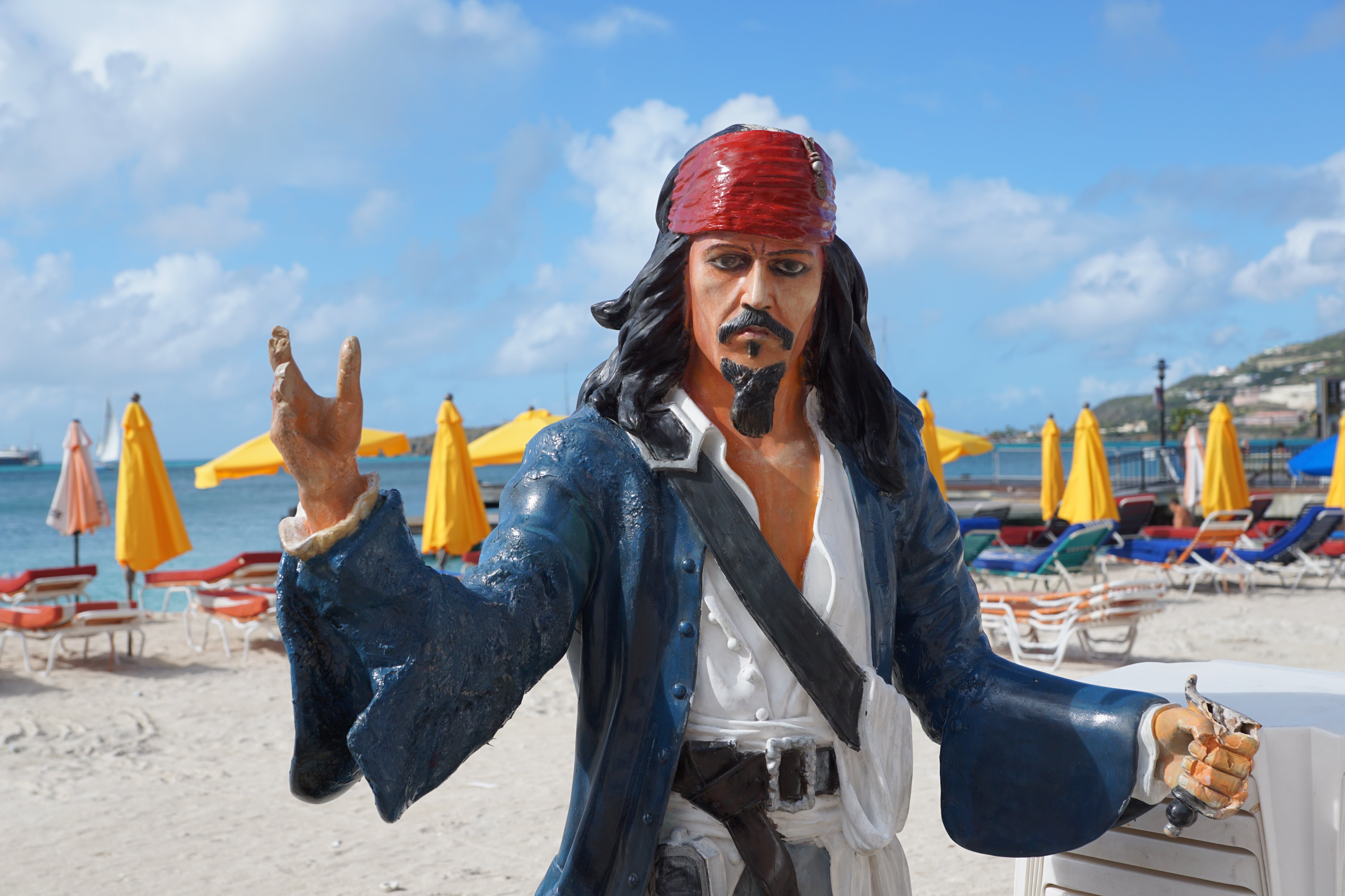 figure, beach, sky, philipsburg, statue, three quarter length, sunlight, ocean, real people, caribbean, leisure activity, waist up, holding, 5K, sea, clouds, HD Wallpaper