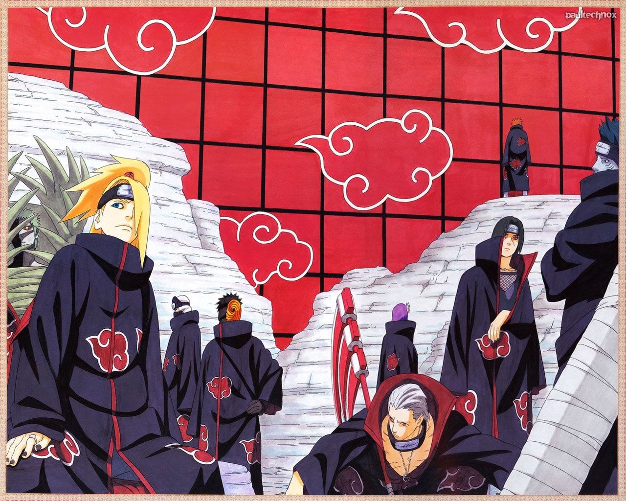 group of people, day, outdoors, men, group, lifestyles, red, built structure, Zetsu (Naruto), Deidara (Naruto), human representation, city, Naruto, Itachi Uchiha, HD Wallpaper