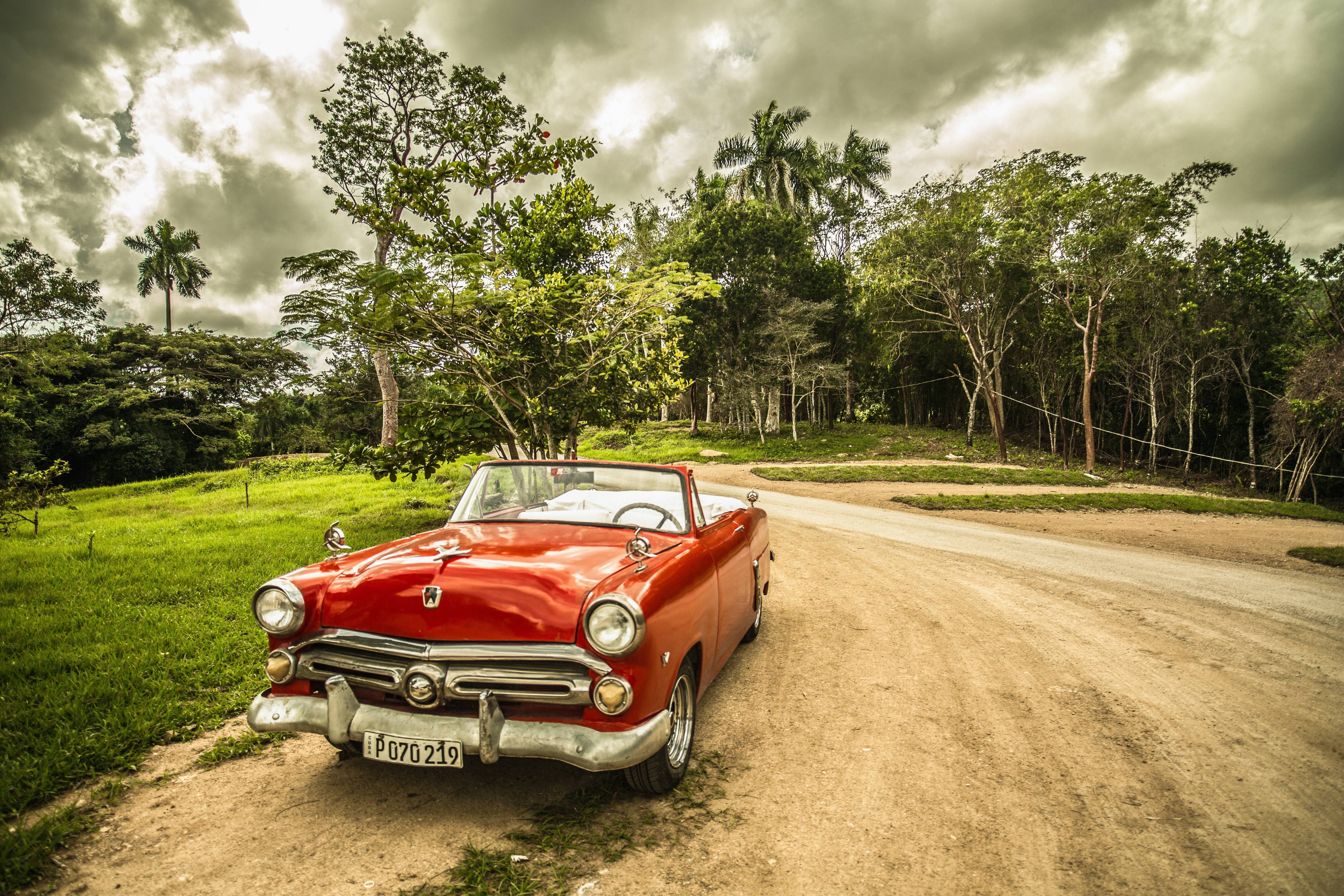 travel, red, forest, cuba, 5K, oldtimer, old, car, HD Wallpaper