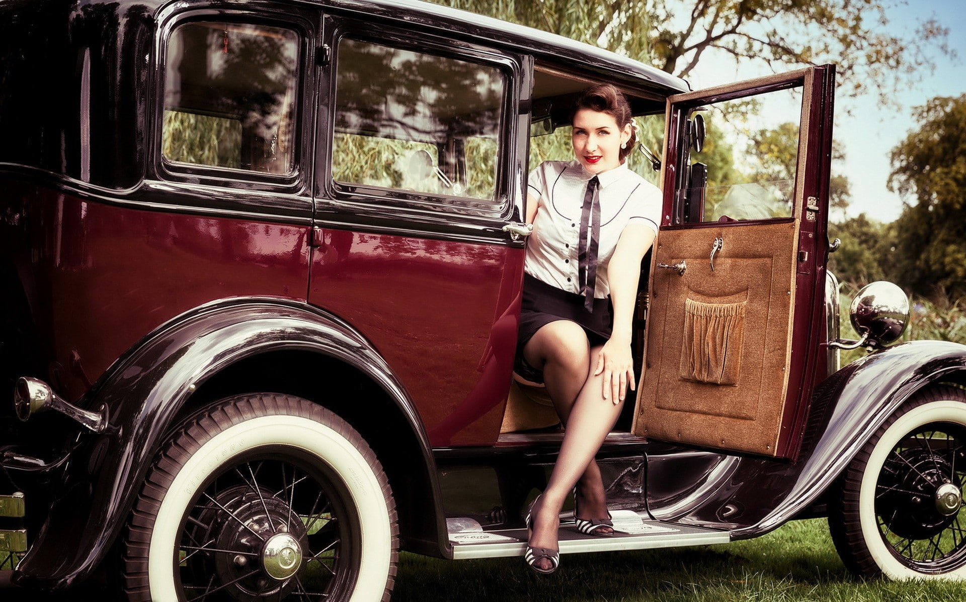 1080P, vehicle, Oldtimer, women with cars, model, Vintage car, car, HD Wallpaper