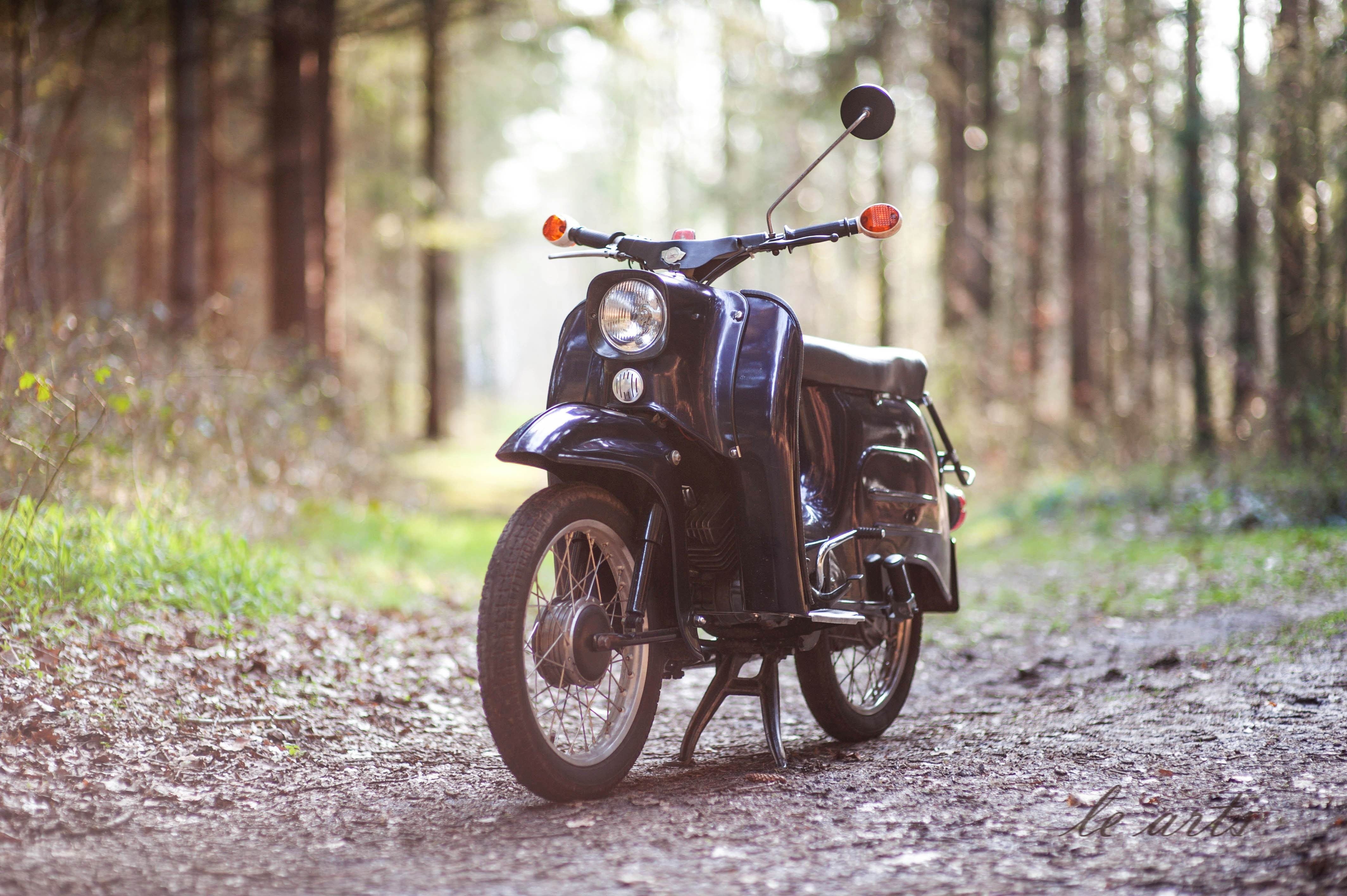 day, parking, tree, transportation, forest, land, DDR, outdoors, focus on foreground, field, selective focus, road, Schwalbe, Simson, Oldtimer, mode of transportation, HD Wallpaper