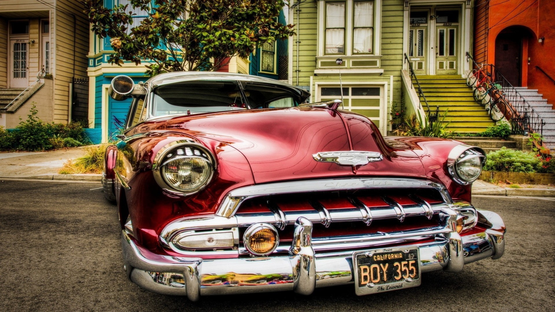 ruined, land vehicle, 1080P, luxury, building, trees, house, motor vehicle, transportation, red cars, red, no people, day, stationary, Oldtimer, retro styled, HD Wallpaper