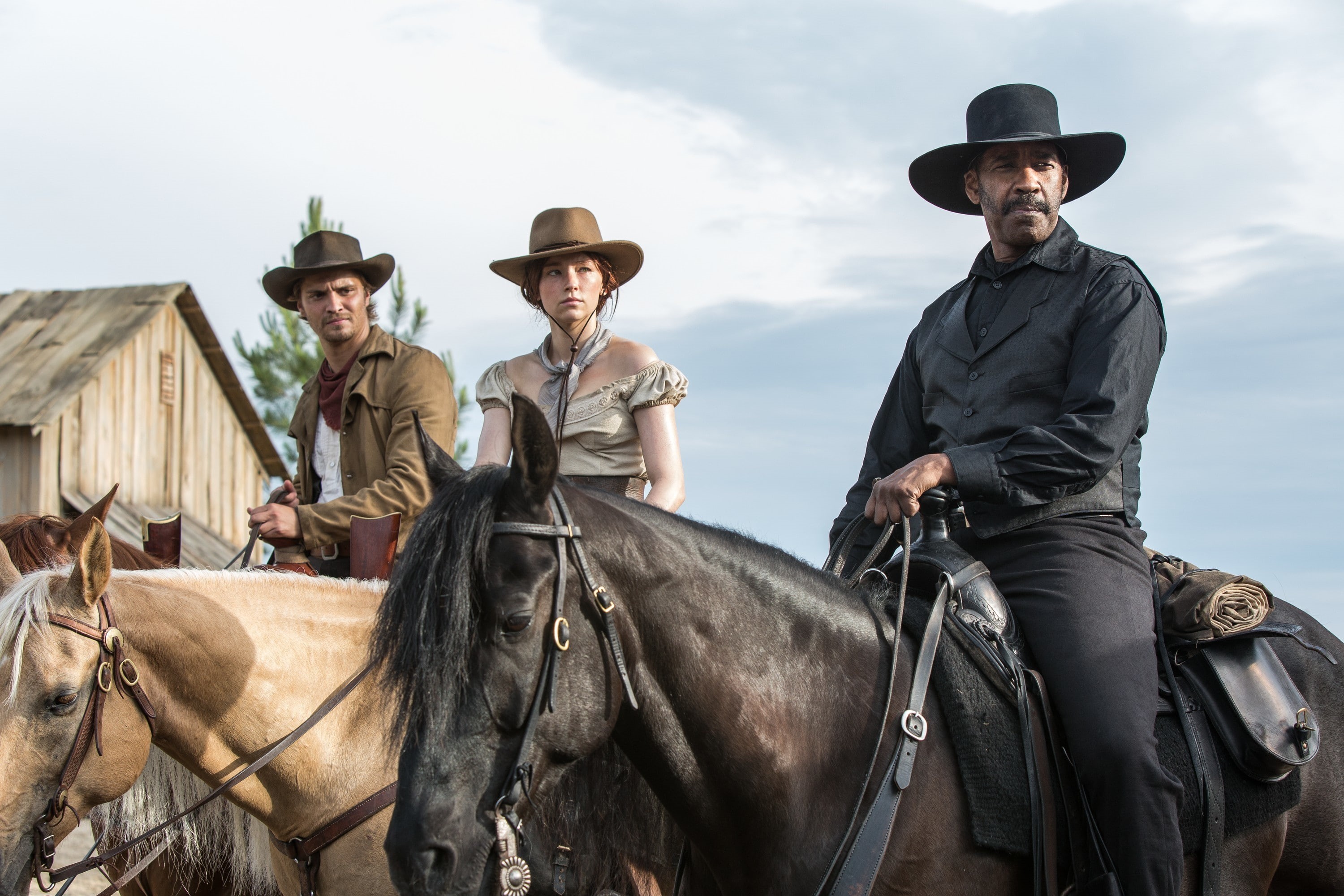weapons, cowboys, hats, 2K, Luke Grimes, The Magnificent Seven, horse, frame, Denzel Washington, riders, Western, Haley Bennett, three, HD Wallpaper