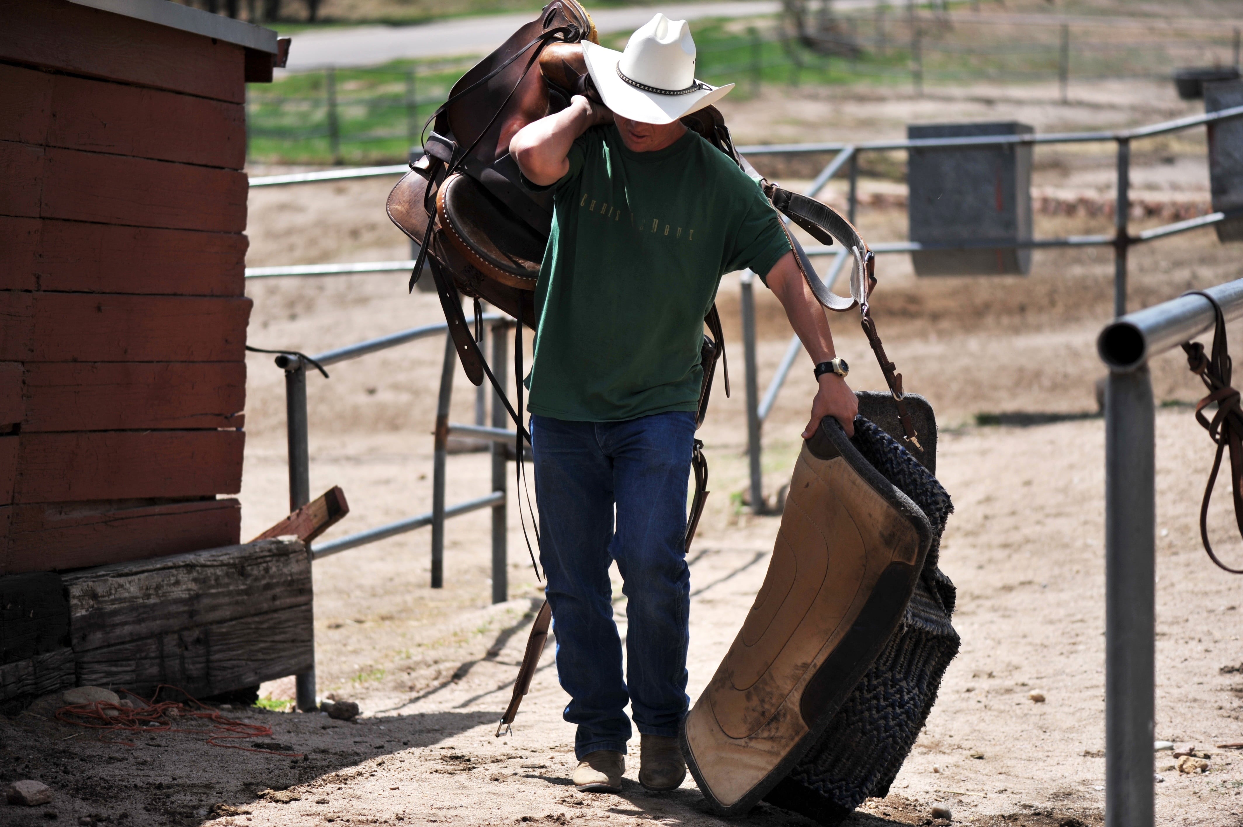 one person, front view, horse, green, real people, brown, clothing, man, symbol, full length, young, shirt, usa, crew, day, hat, standing, people, western, HD Wallpaper