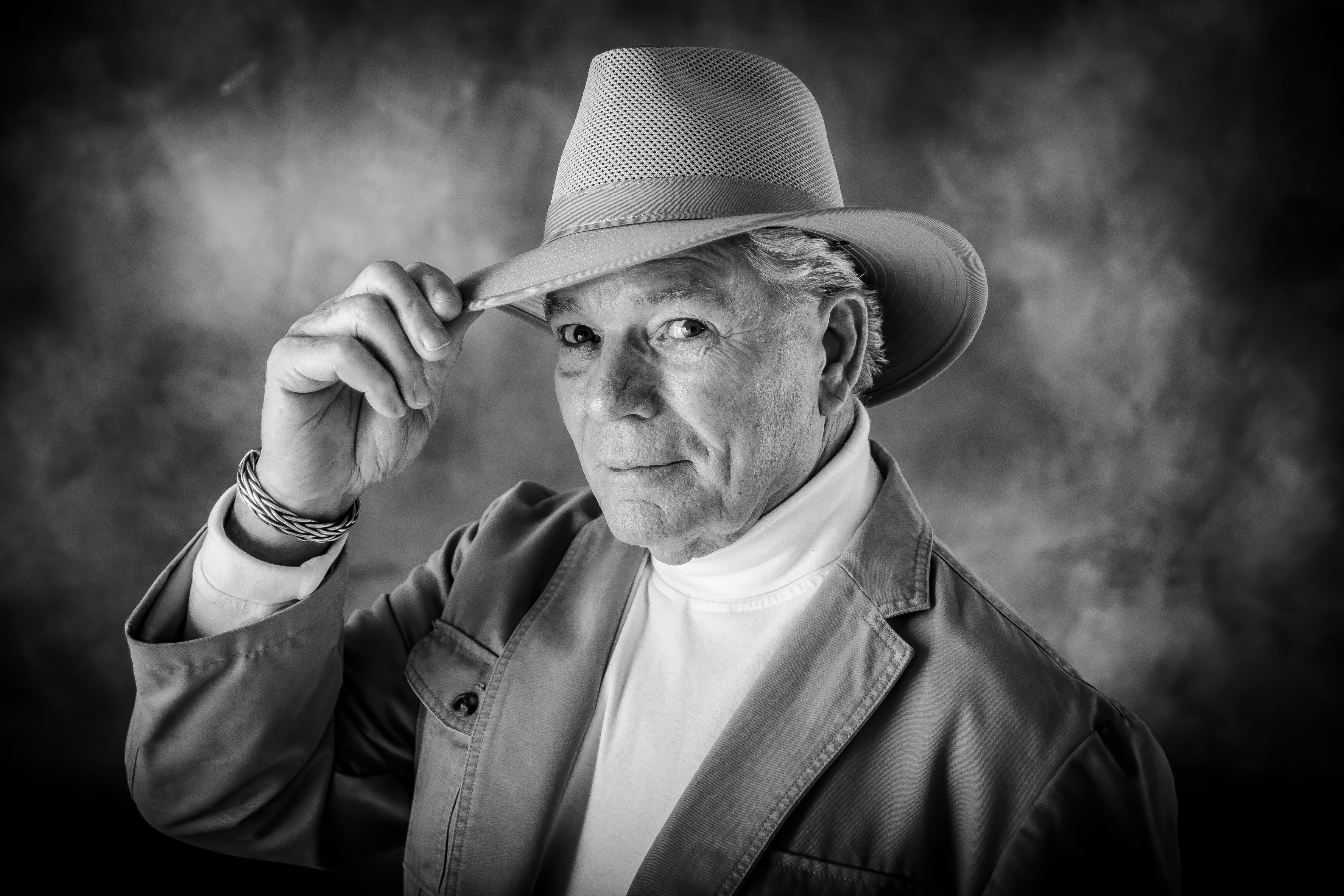 lifestyle, looking, black background, cowboy, 4K, father, cowboy hat, hat, mature men, black-and-white, human, elderly, pose, portrait, cool, one person, HD Wallpaper