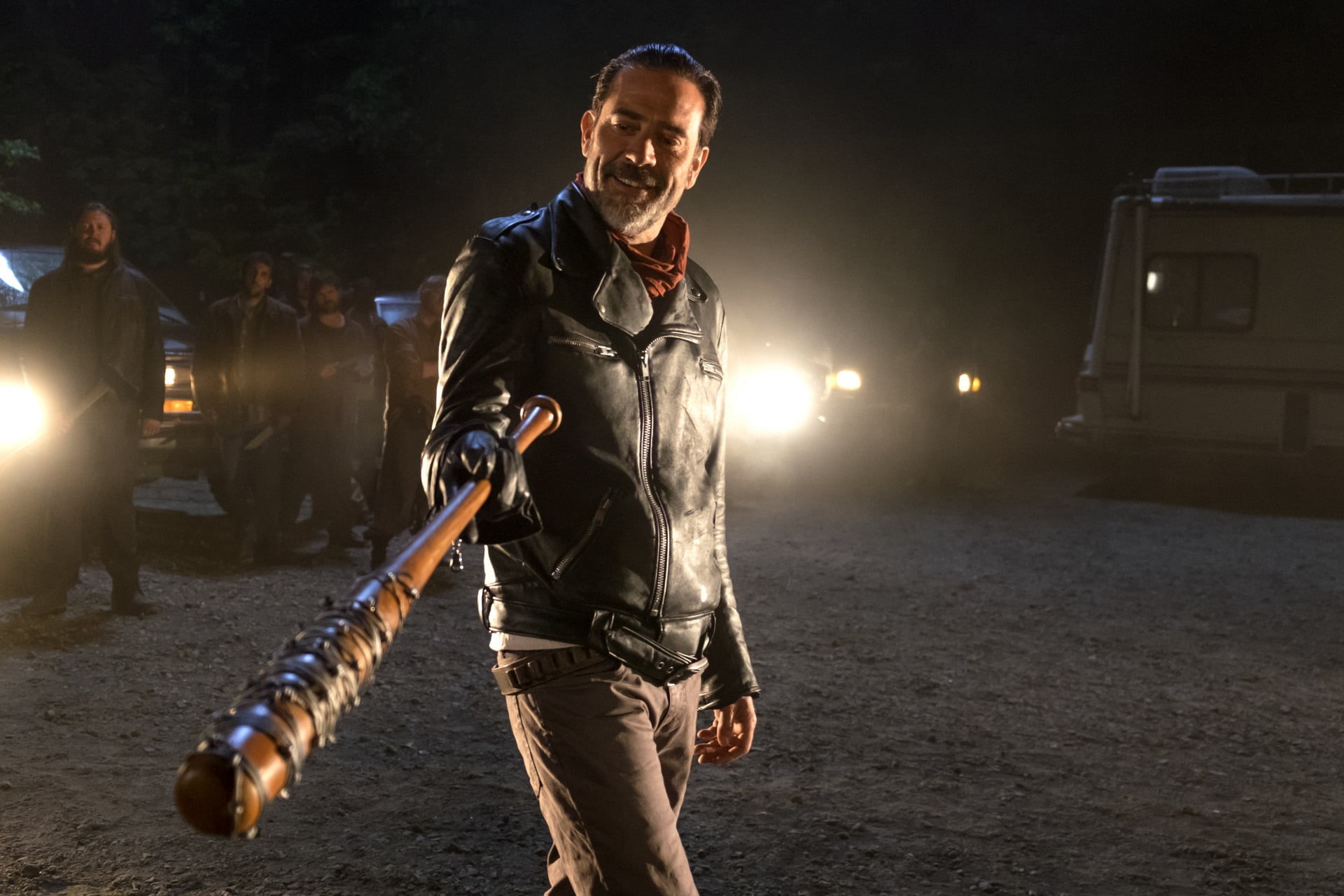 beards, celebrity, TV Series, Jeffrey Dean Morgan, black jackets, brown pants, twd, men, The Walking Dead, baseball bat, jacket, beard, 1080P, depth of field, HD Wallpaper