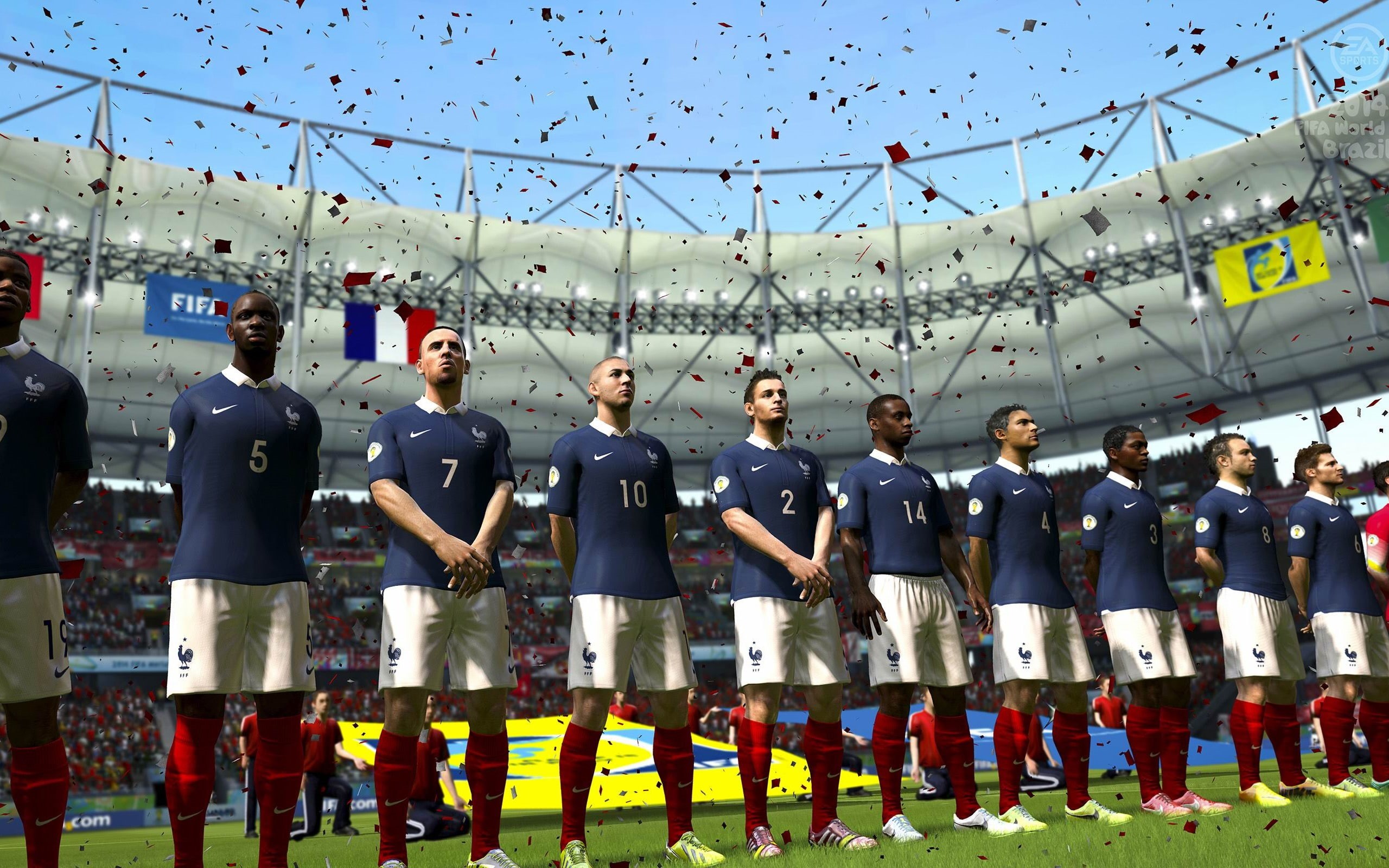 real people, clear sky, standing, crowd, uniform, desktop, 2K, large group of people, side by side, decoration, sky, sport, day, hanging, nature, fifa, HD Wallpaper