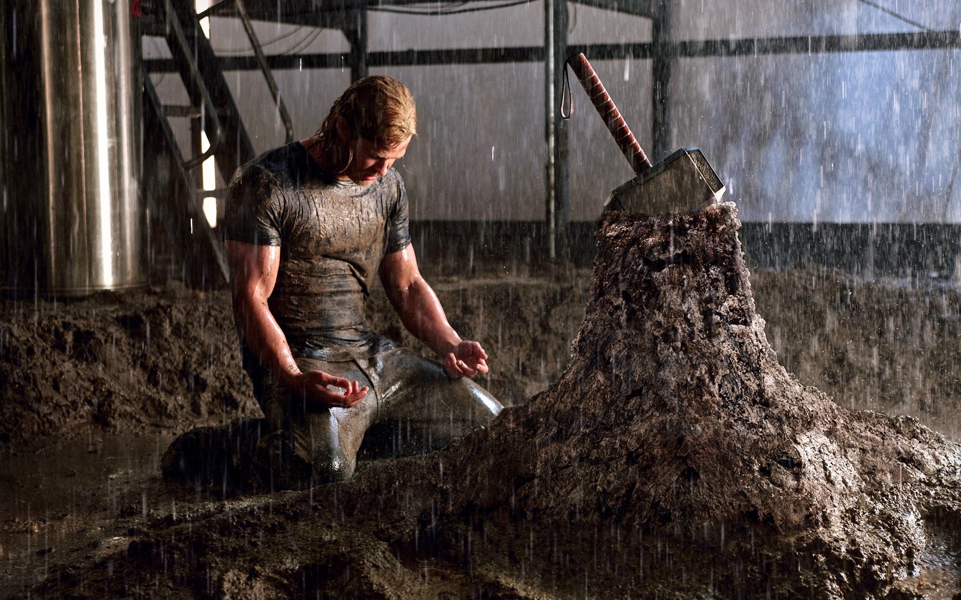 thor, rain, mud, kneeling, hemsworth, chris, men, movie, 1080P, mjolnir, HD Wallpaper