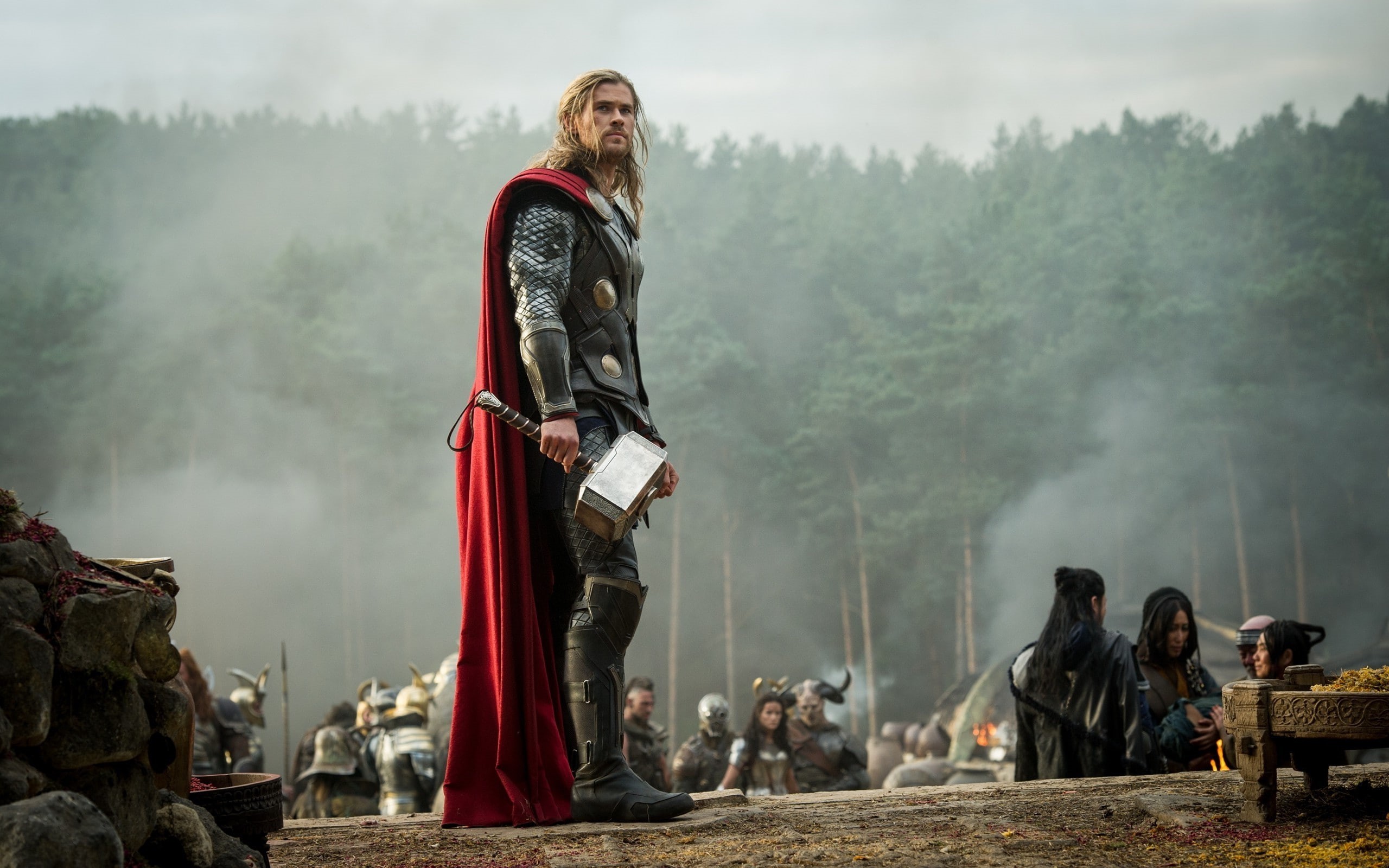 real people, men, Film Stills, Mjolnir, adult, lifestyles, standing, Chris Hemsworth, thor, mountain, the past, traditional clothing, 2K, day, fog, clothing, HD Wallpaper