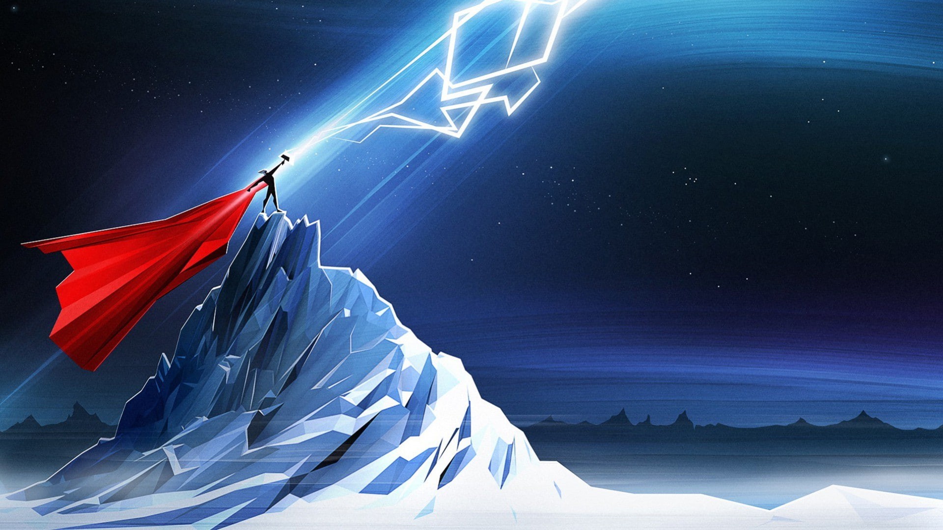 shape, travel, night, blue, motion, beauty in nature, Simple, flag, Mjolnir, outdoors, 1080P, no people, wind, Marvel Comics, sky, Lightning, space, mountain, HD Wallpaper