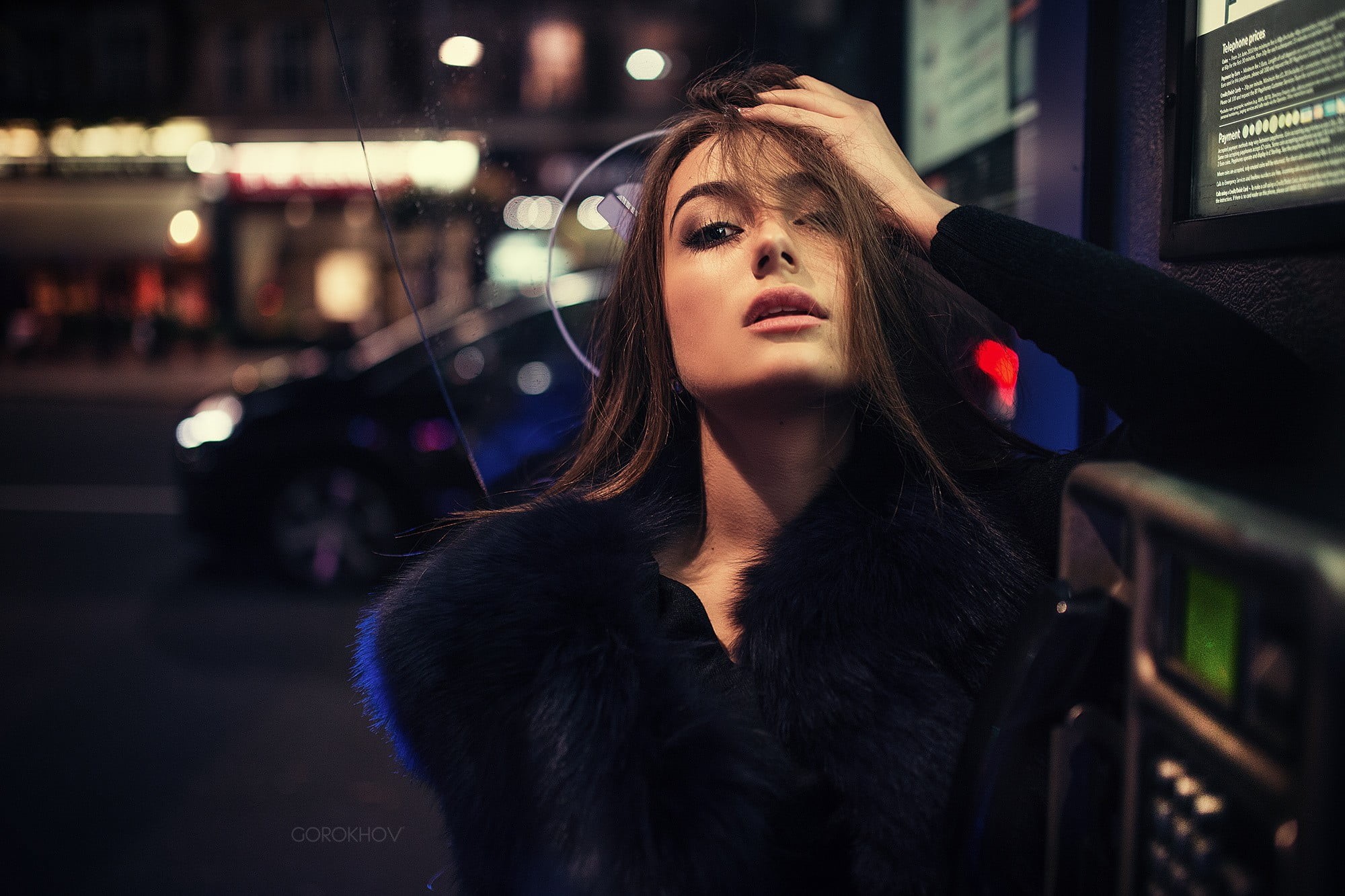 lifestyles, portrait, fur coats, nighttime, fashion, young women, woman, open mouth, 1080P, brown eyes, young adult, hair, front view, selective, black, HD Wallpaper