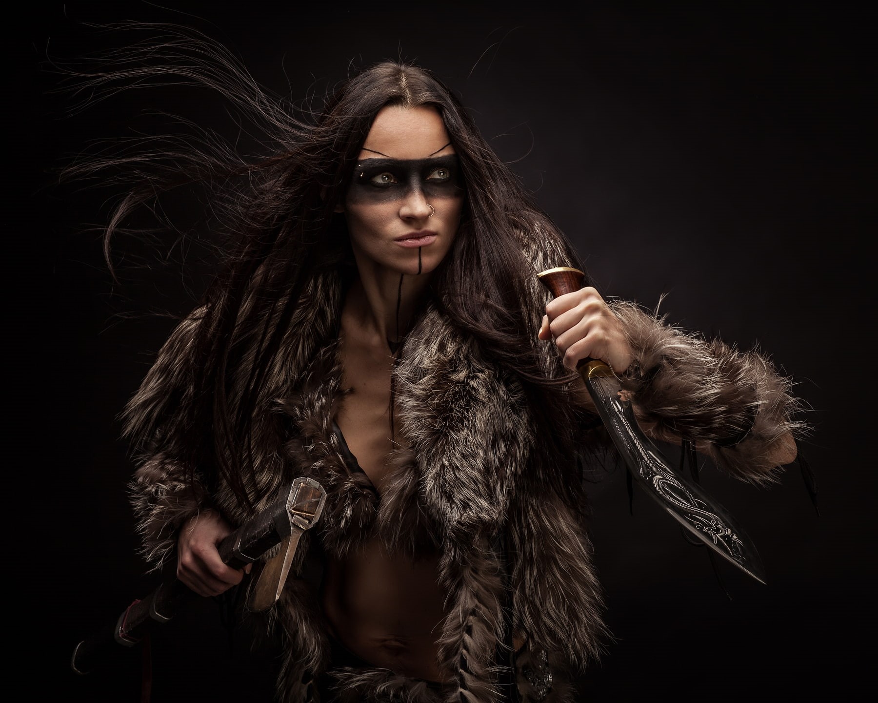 hair, black background, glamour, beauty, indoors, fantasy girl, adult, fur coat, brown hair, clothing, beautiful people, warrior, beautiful woman, one person, HD Wallpaper
