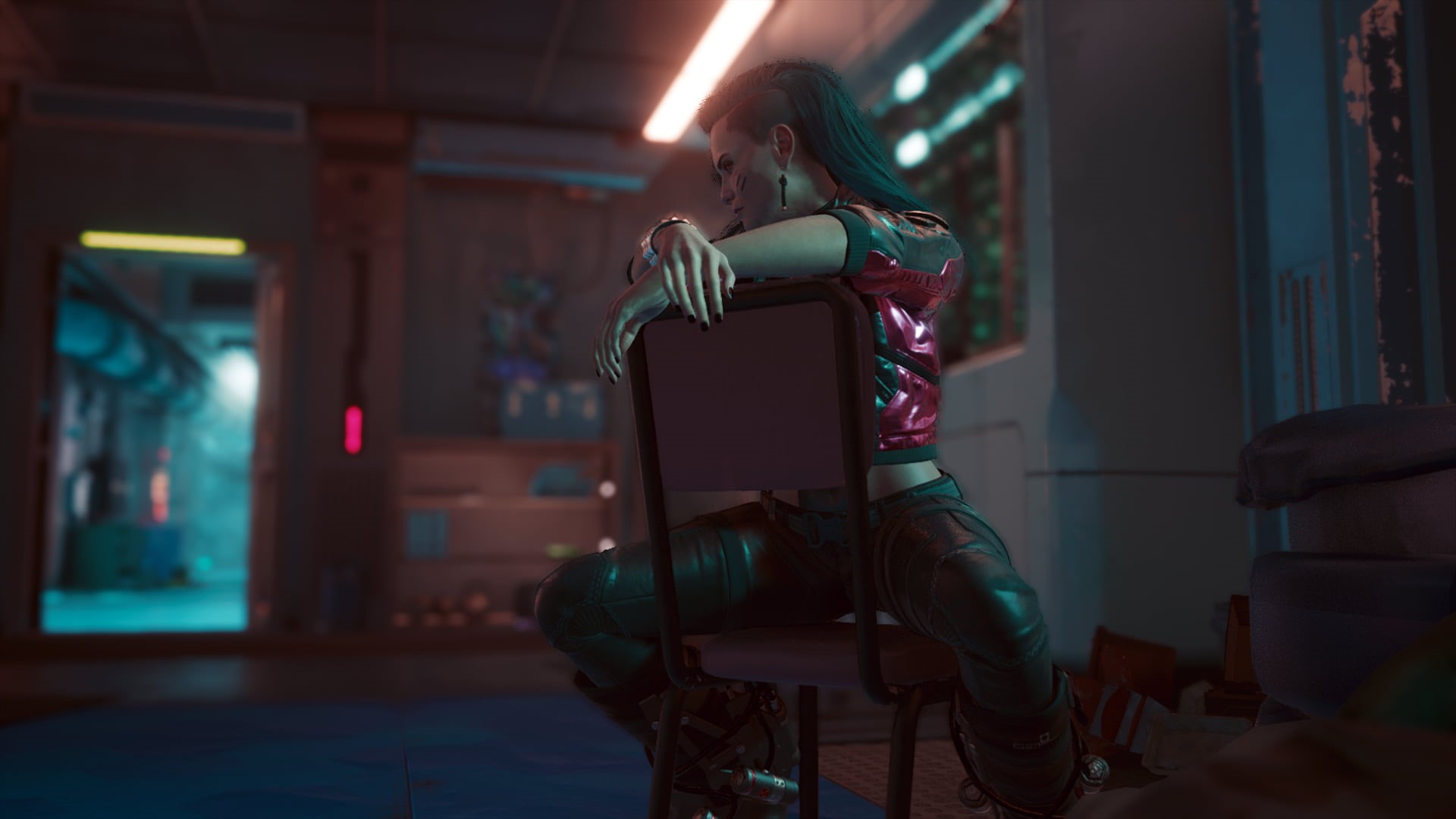 sitting, Rogue (character), 1080P, blue hair, Cyberpunk 2077, leather pants, chair, HD Wallpaper
