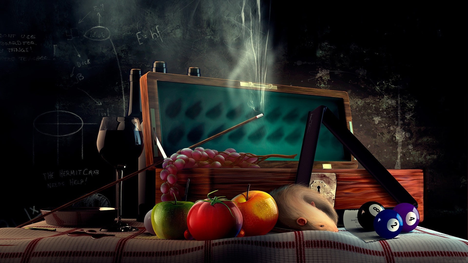 artwork, wine, billiard balls, vegetables, fruit, tomatoes, billiards, digital art, grapes, 1080P, HD Wallpaper