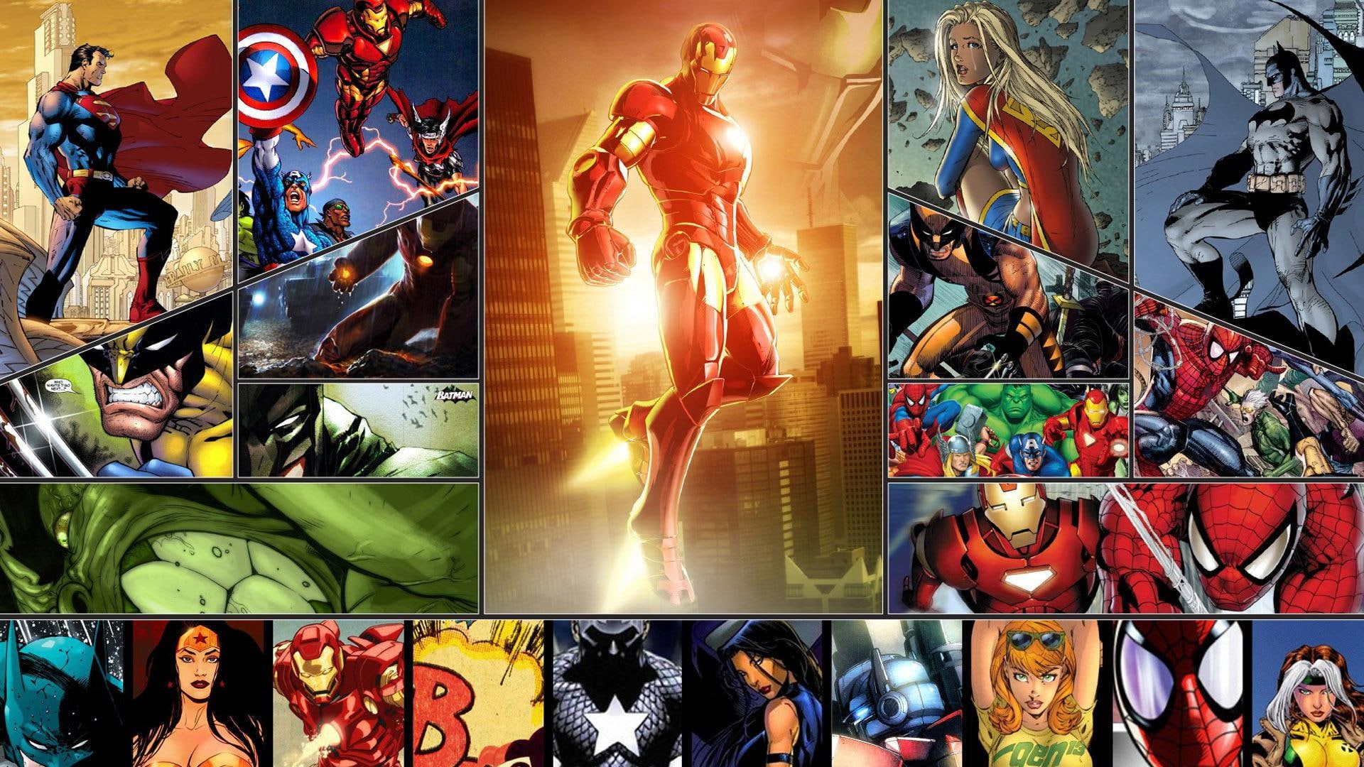 captain america, wonder woman, wolverine, poster, 1080P, superman, iron man, comics, superheroes, batman, marvel, 1920x1080, HD Wallpaper