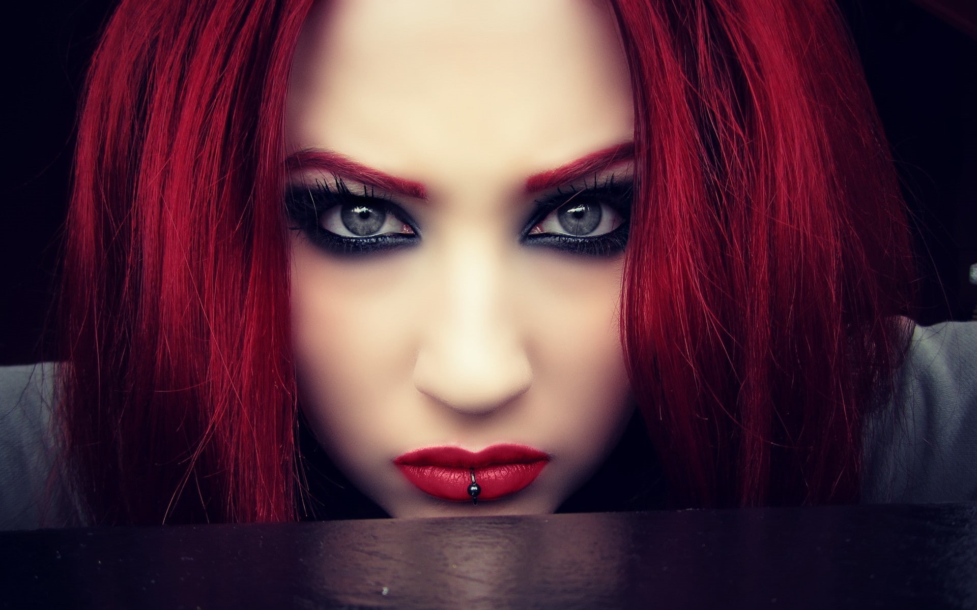 Niky Von Macabre, model, eyes, lolina green, BloodViktoria, 1080P, women, Pierced Lips, redhead, smoky eyes, makeup, face, HD Wallpaper