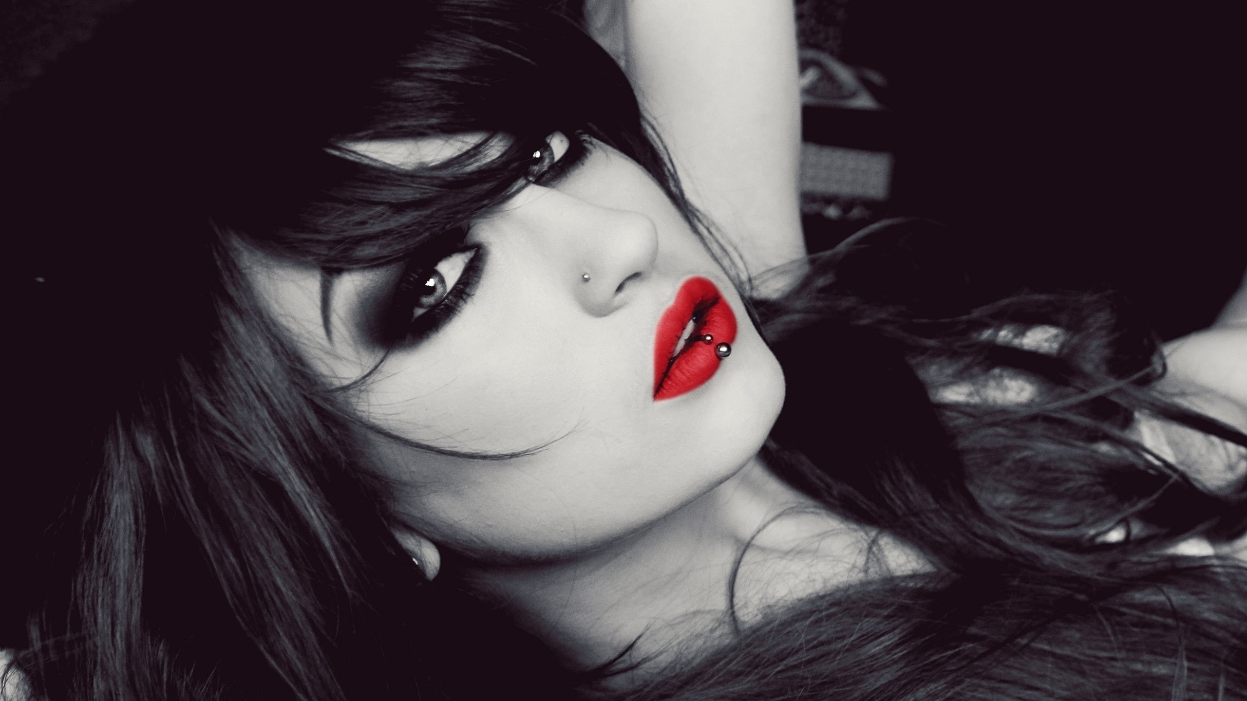 lips, beautiful woman, mouth open, human hair, Niky Von Macabre, model, looking at camera, young women, hairstyle, piercing, body part, lolina green, selective coloring, HD Wallpaper