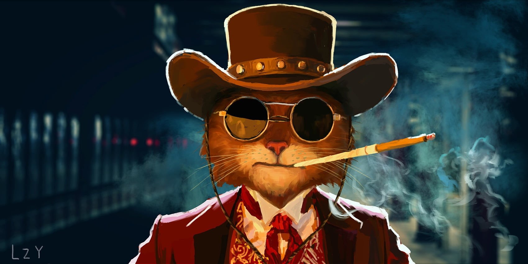 outdoors, fun, one person, obscured face, Zhiyong Li, adult, hat, cat, humor, cigars, men, glasses, portrait, focus on foreground, artwork, males, costume, HD Wallpaper