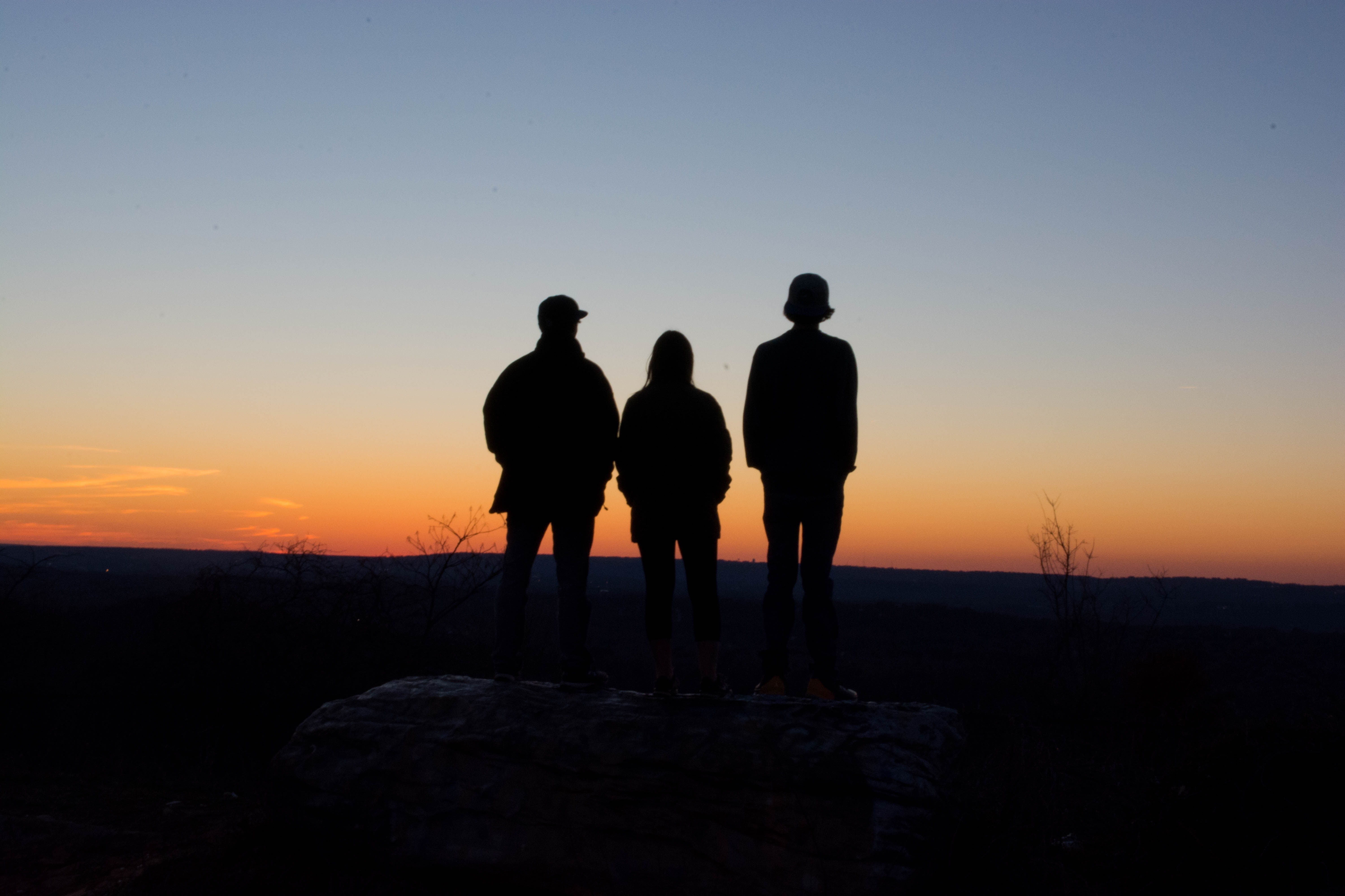 united states, friends, lookout, copy space, sunset, three, mountain, sky, standing, hill, outdoors, 5K, tranquility, scenics - nature, nature, lifestyles, HD Wallpaper