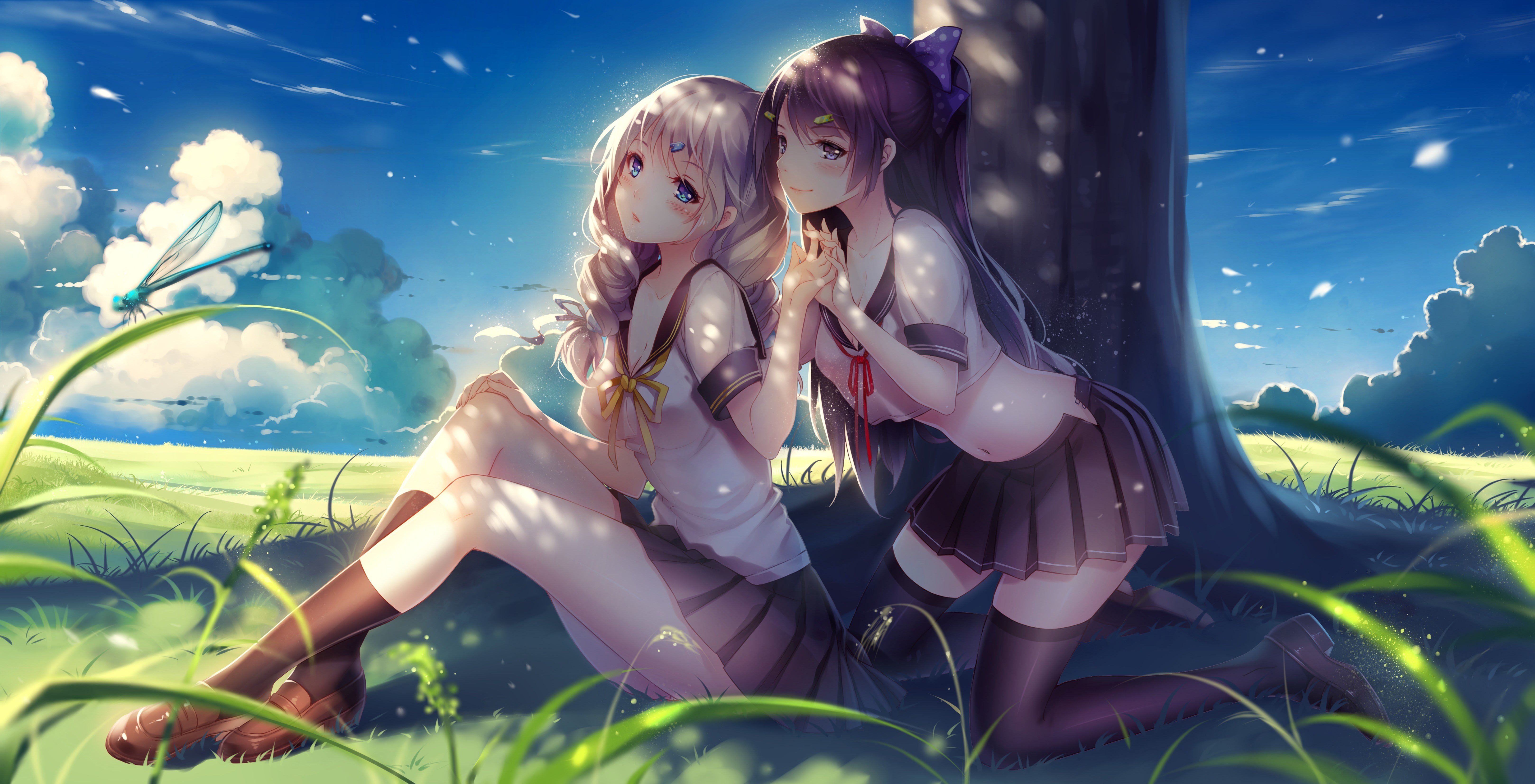 Raiden Mei, White Hair, Blushing, Kiana Kaslana, Houkai Gakuen, 5K, Trees, Thigh highs, Anime Girls, Guns GirlZ, School Uniform, nature, brunette, HD Wallpaper