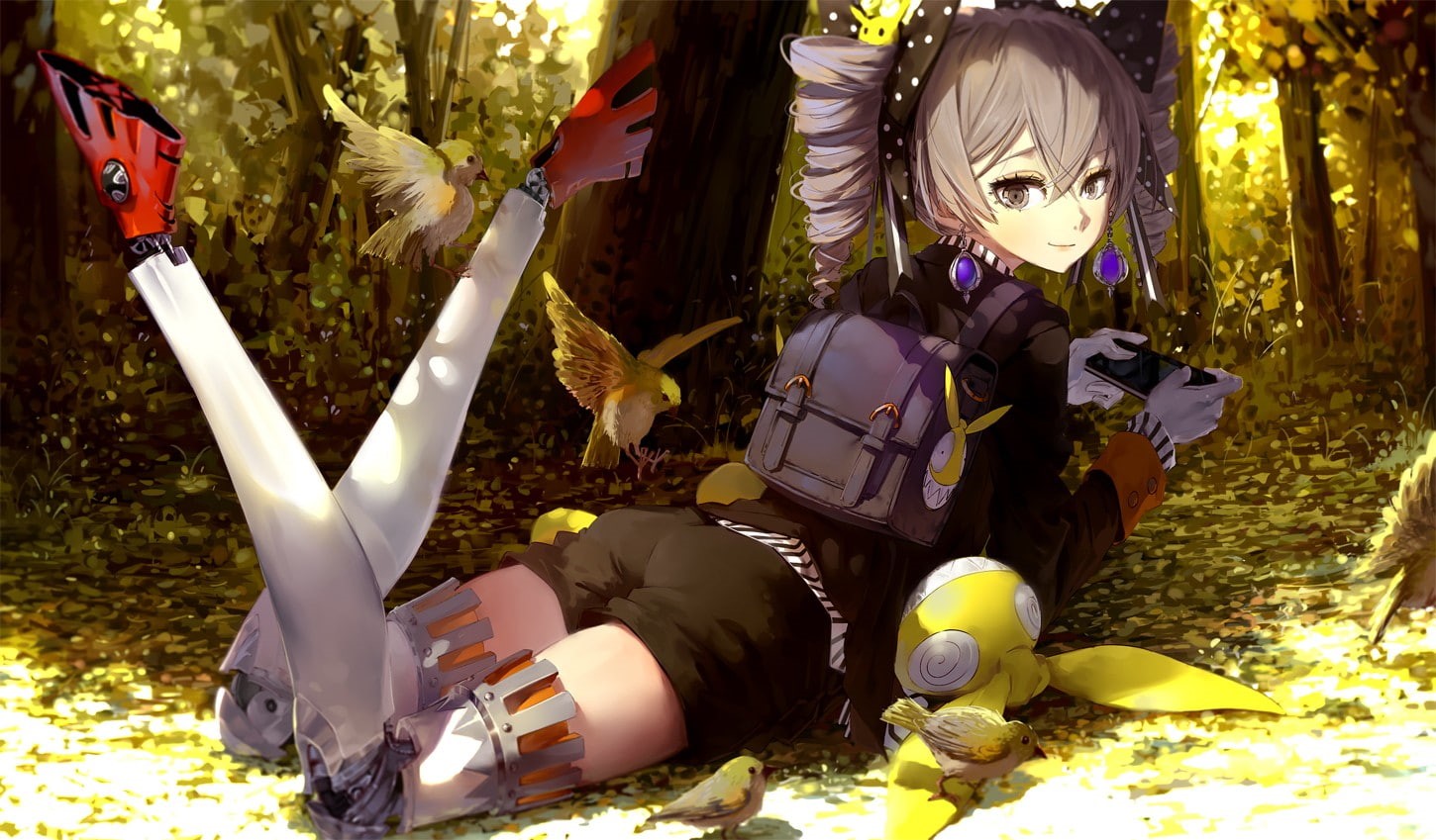 looking at viewer, backpacks, Bronya Zaychik, 720P, mecha girls, birds, Guns GirlZ, robot, lying down, shorts, anime girls, Houkai Gakuen, HD Wallpaper