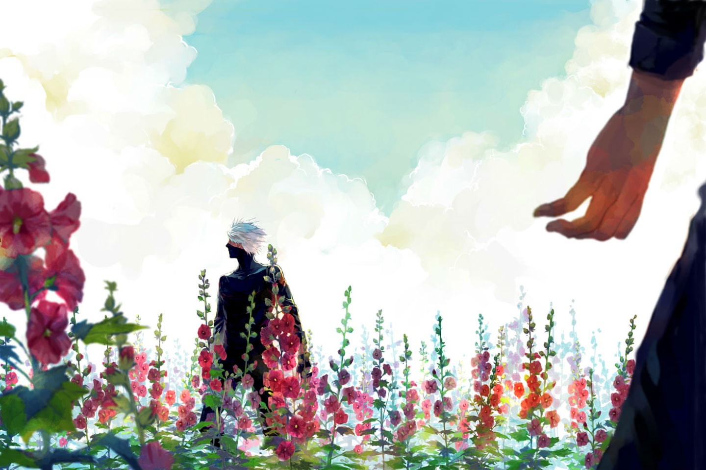 temple, lotus, umino, clouds, white, iruka, 720P, hair, sky, naruto, shippuden, mask, male, kakashi, flowers, hatake, HD Wallpaper