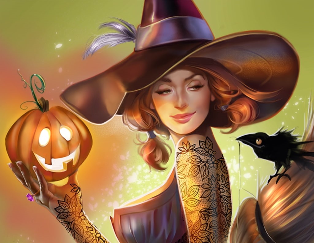 black, women, young women, portrait, 480P, Witch, beautiful woman, clothing, front view, fantasy, adult, human representation, crow, representation, pumpkin, HD Wallpaper