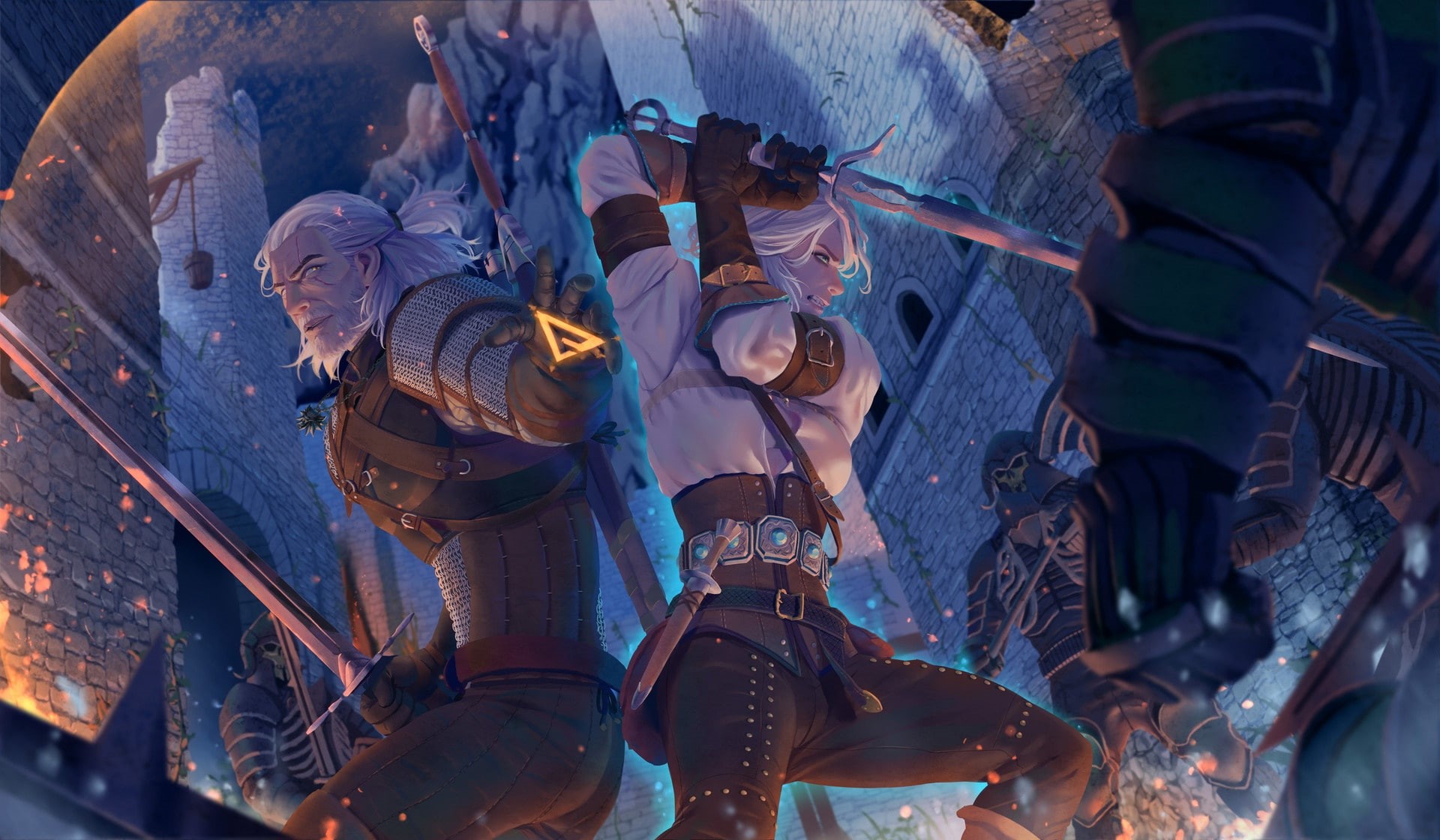 the Witcher, the wild hunt, witcher, CRIS, 1080P, Geralt, illustration, ciri, swords, the witcher 3: wild hunt, wild hunt, art, the witcher 3, HD Wallpaper
