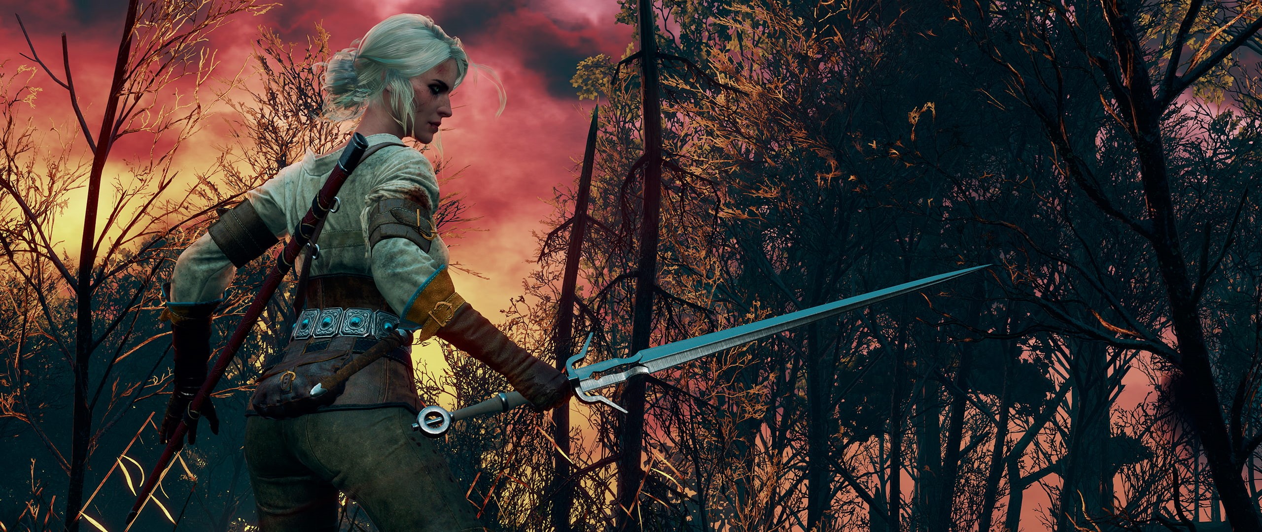 forest, 2K, land, standing, sword, plant, clothing, outdoors, weapon, tree, lifestyles, digital, day, real people, three quarter length, Burning skies, HD Wallpaper