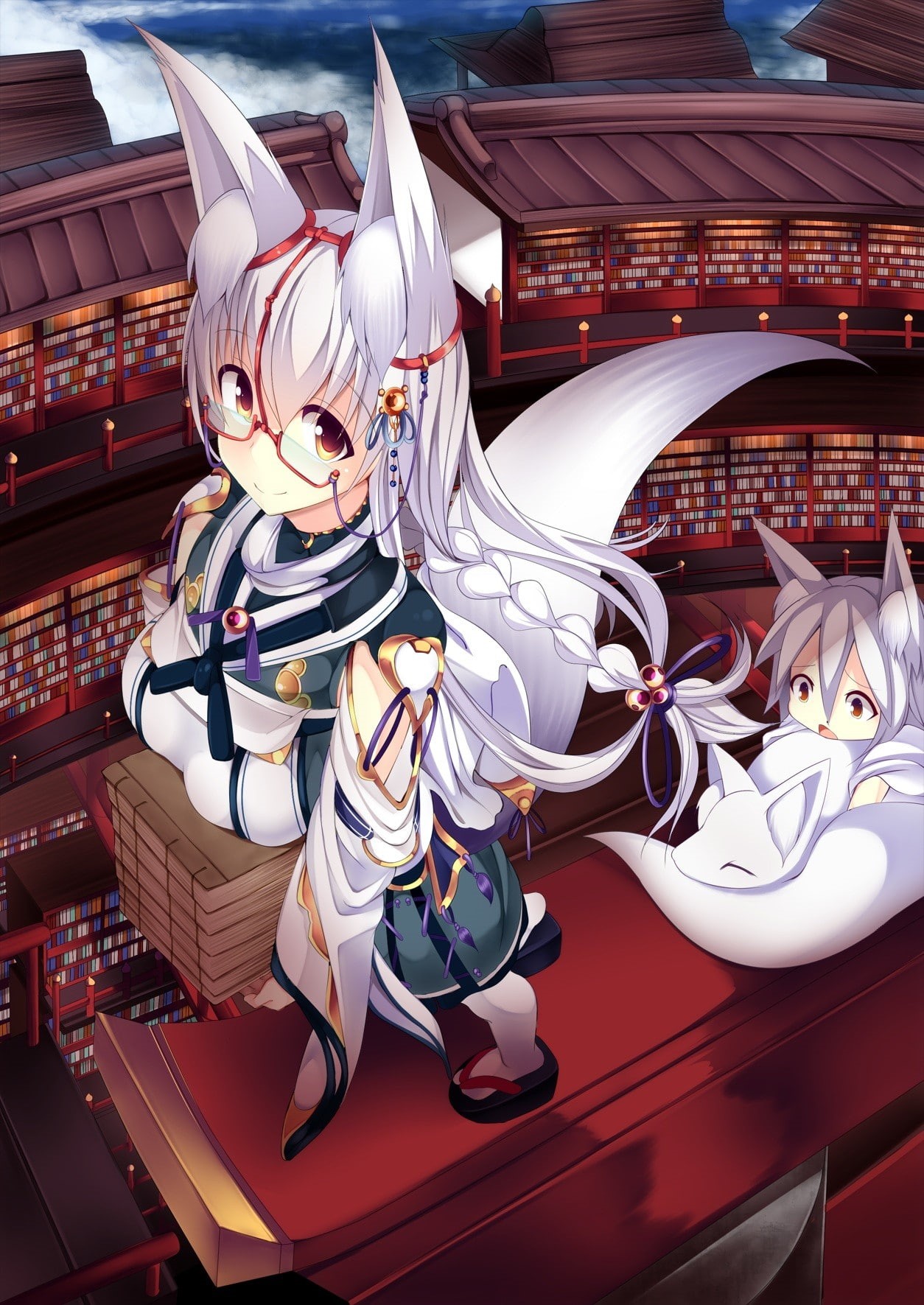 anime girls, animal ears, original characters, 720P, library, anime, kitsunemimi, tail, Phone HD Wallpaper