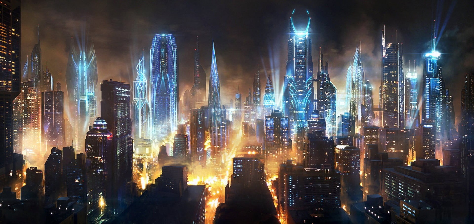 residential district, nightlife, futuristic city, built structure, landscape, building exterior, cityscape, skyscraper, city, urban skyline, artwork, building, HD Wallpaper