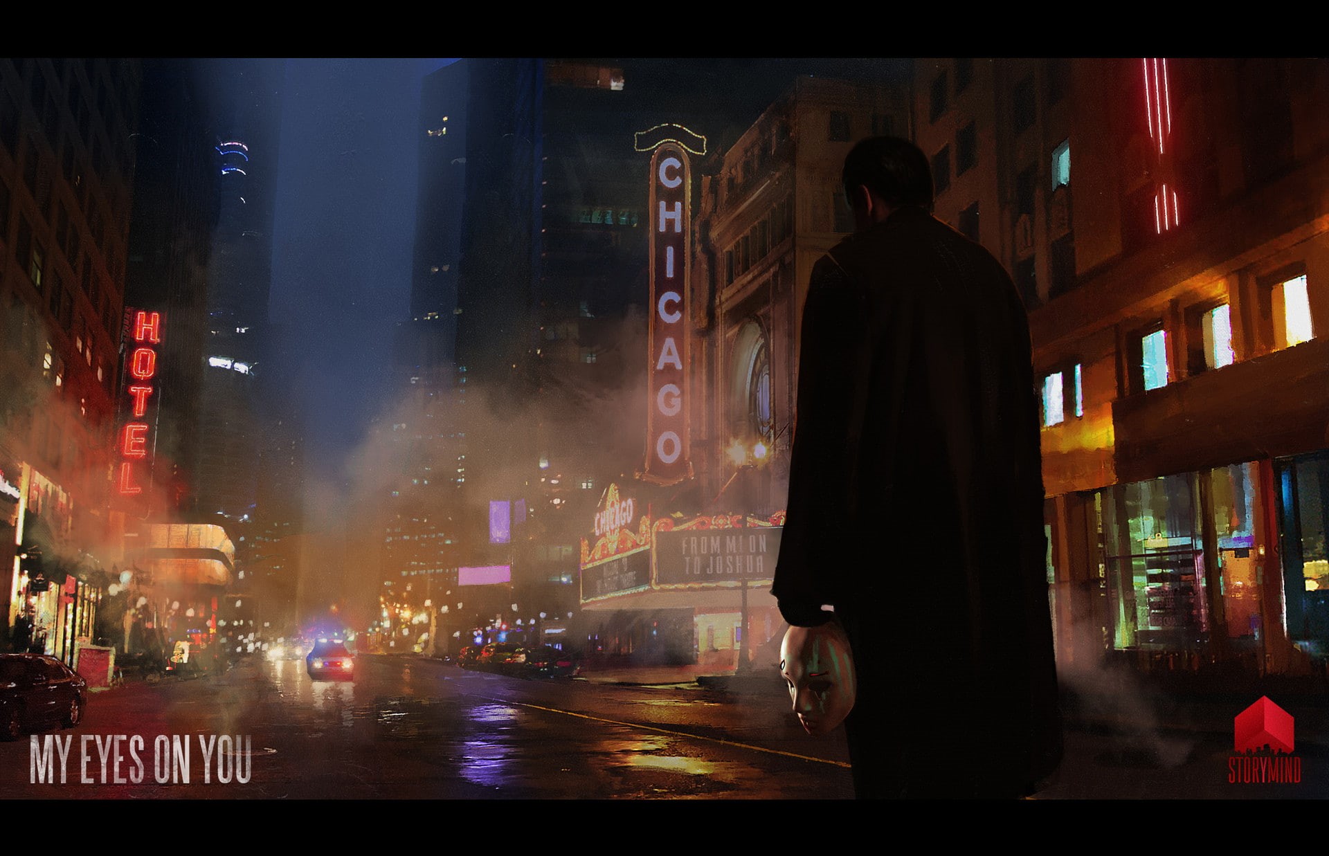 Chicago, noir, digital art, My Eyes On You, rear view, city, real people, motor vehicle, rain, cityscape, artwork, built structure, incidental people, car, HD Wallpaper
