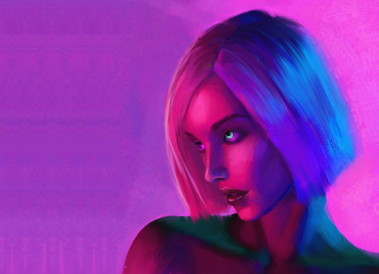 Bare Shoulders, Blonde, cyberpunk, Open Mouth, synthwave, Red Lipstick, Short Hair, face, artwork, women, Tony Skeor, 720P, HD Wallpaper