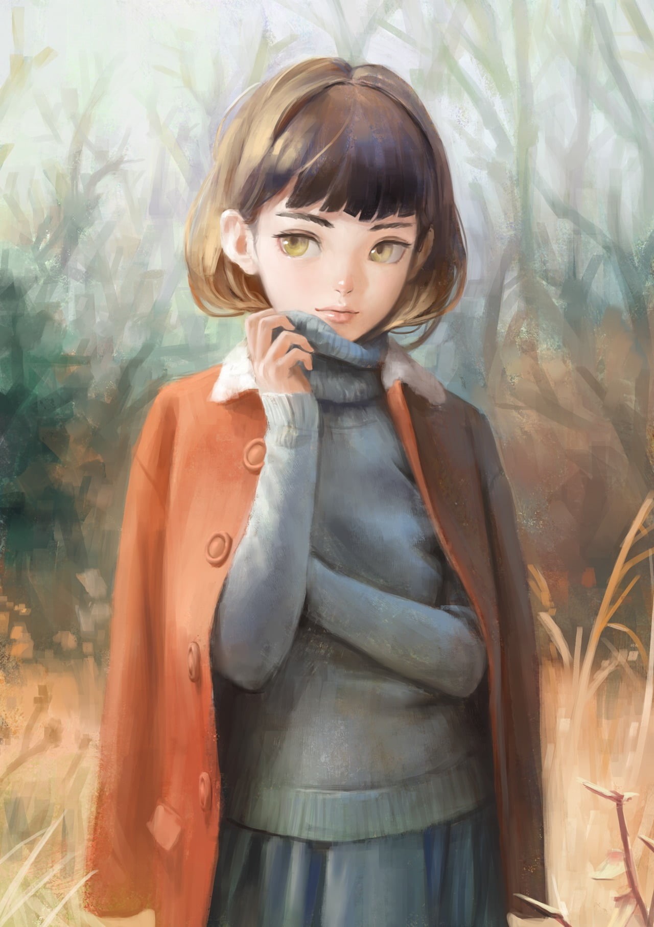 720P, forest, looking at camera, front view, portrait, innocence, women, young adult, anime, short hair, sweater, waist up, character, contemplation, female, Phone HD Wallpaper