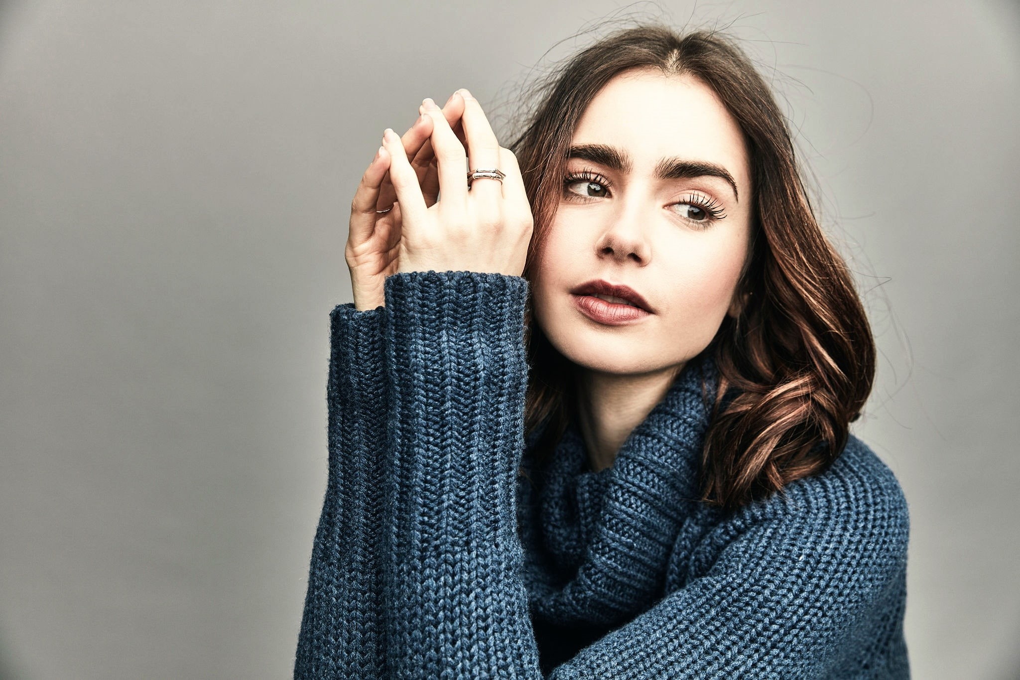 sweater, Lily Collins, eyebrows, pullover, brunette, long eyelashes, women, 1080P, HD Wallpaper