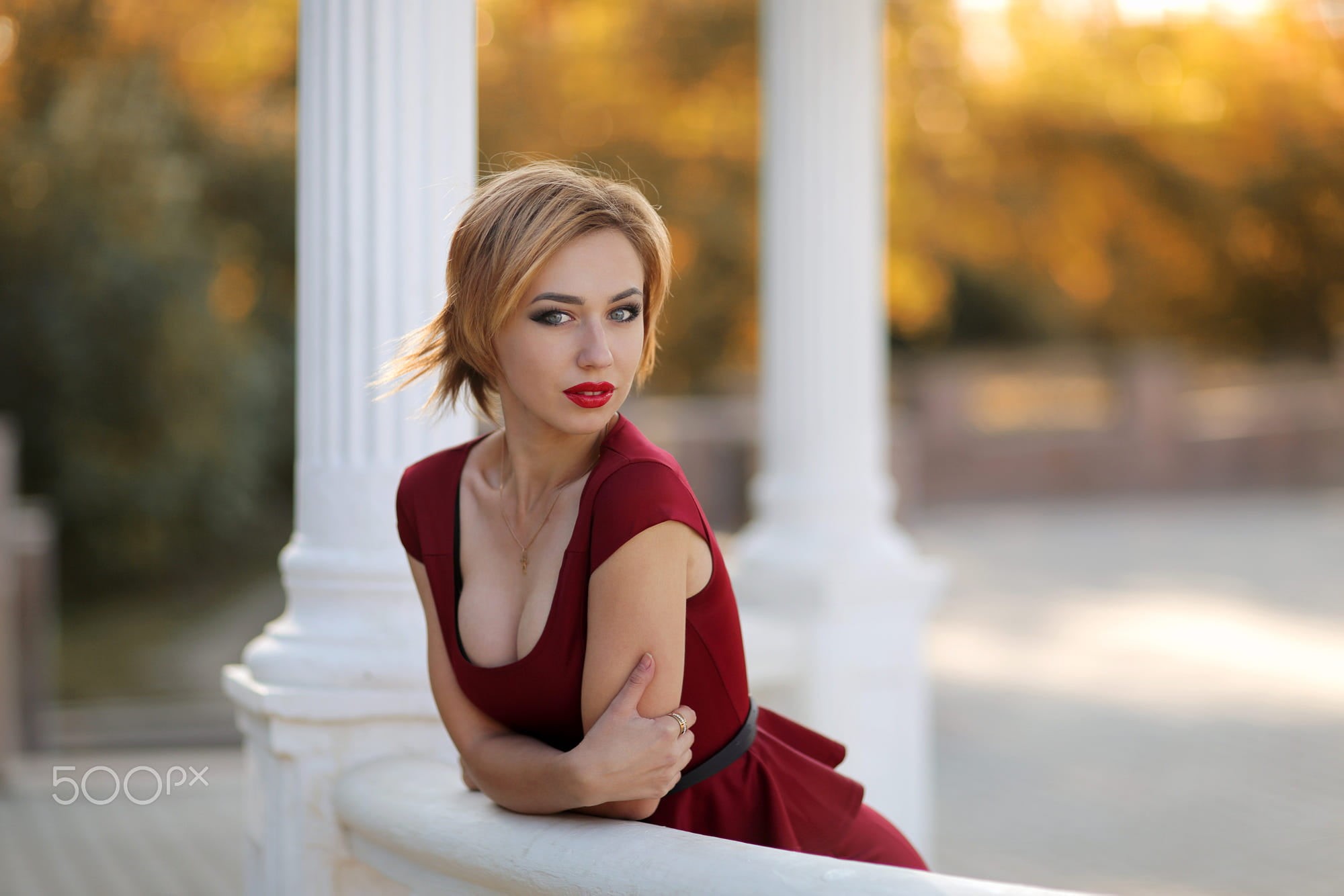 cleavage, architecture, eyeshadow, real people, fashion, beautiful woman, dress, blue eyes, looking at camera, women outdoors, focus on foreground, blond hair, HD Wallpaper