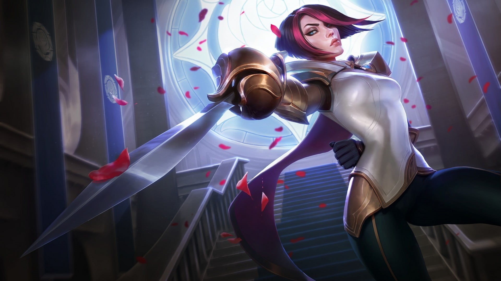 girl, mid adult men, athlete, front view, leisure activity, sword, one person, indoors, haired, adult, red, splash screen, men, three quarter length, Fiora (League of Legends), HD Wallpaper
