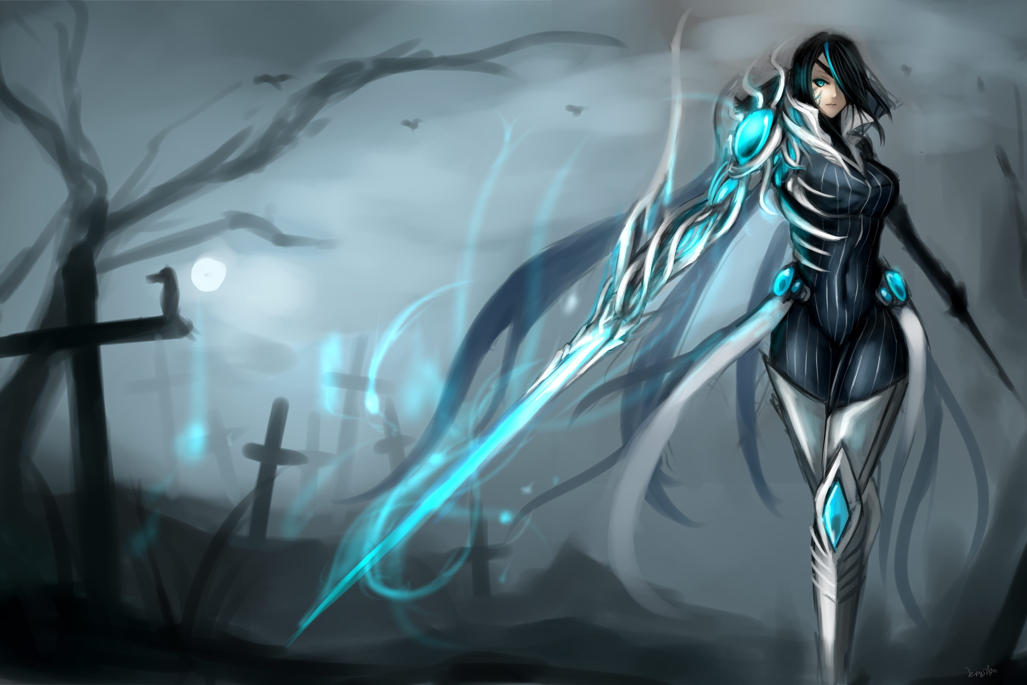 multi colored, blue eyes, futuristic, Fiora (League of Legends), backgrounds, abstract, indoors, black, no people, animal wildlife, architecture, people, HD Wallpaper