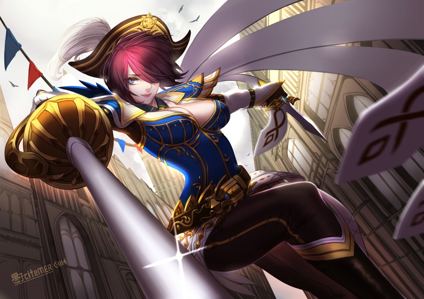 low angle view, Fiora (League of Legends), 720P, sculpture, architecture, built structure, creativity, illuminated, day, ceiling, amusement park, indoors, HD Wallpaper
