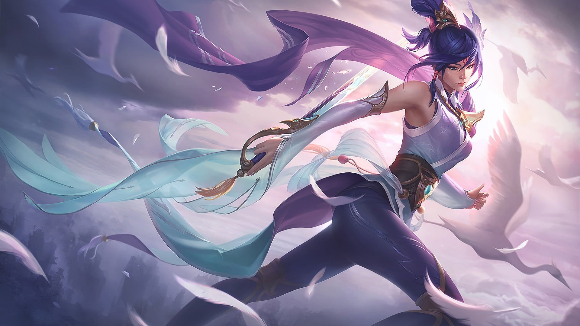purple dress, Fiora (League of Legends), sword, 1080P, birds, HD Wallpaper
