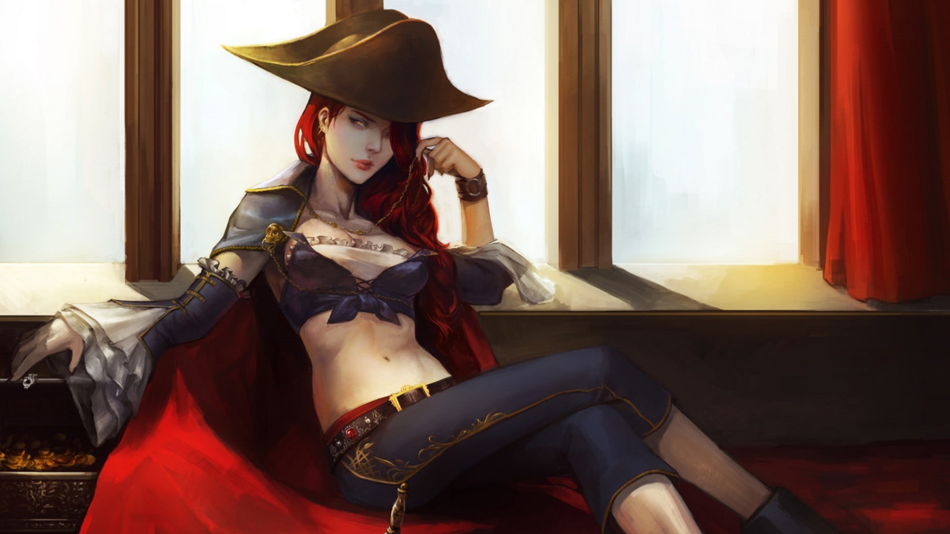 1080P, hat, indoors, Miss Fortune (League of Legends), women, one person, real people, three quarter length, beautiful woman, costume, portrait, front view, HD Wallpaper