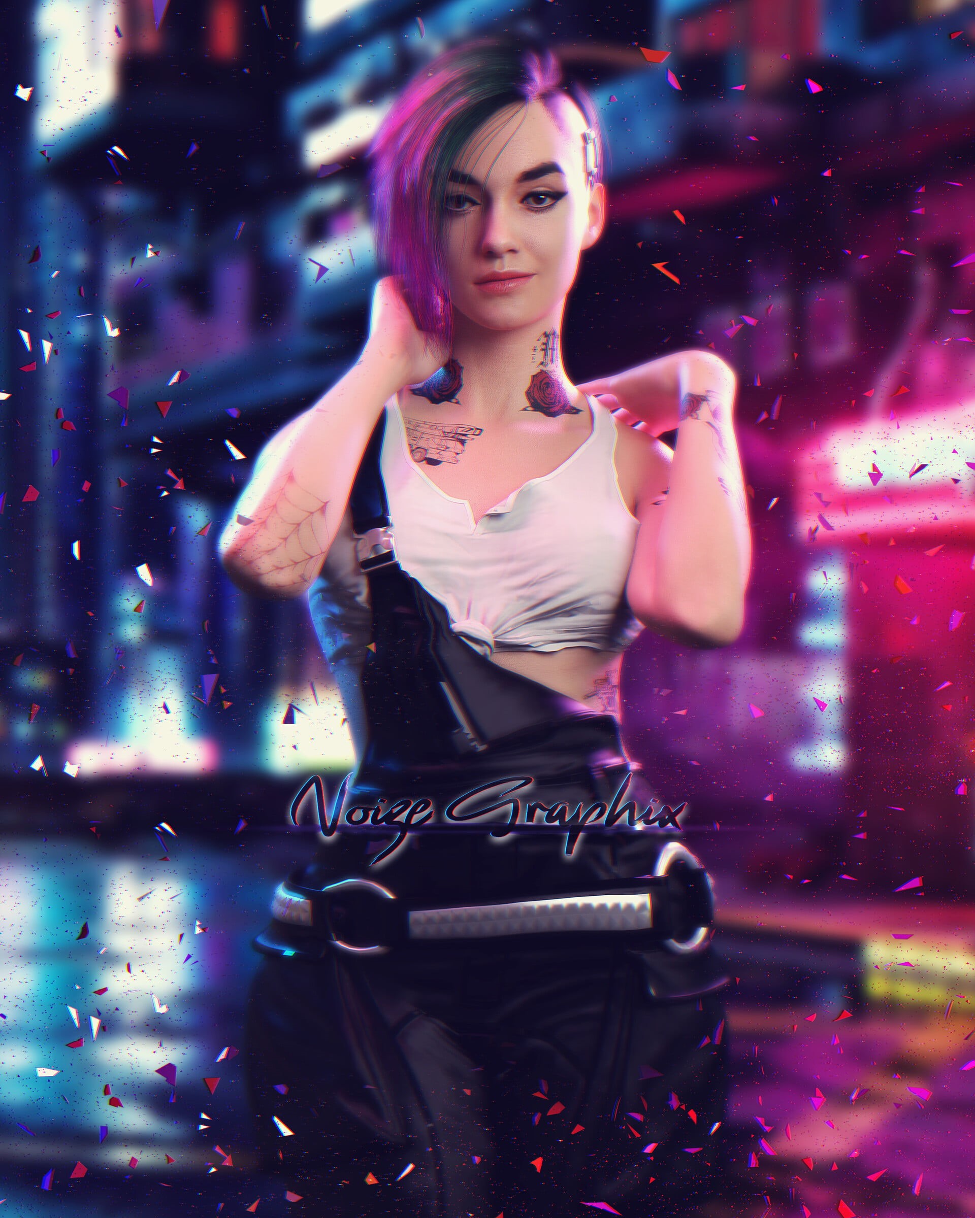short hair, lights, cyberpunk, tattoo, fan art, pink hair, women, Jordi Djojosemito, frontal view, looking at viewer, side shave, Cyberpunk 2077, smiling, Phone HD Wallpaper
