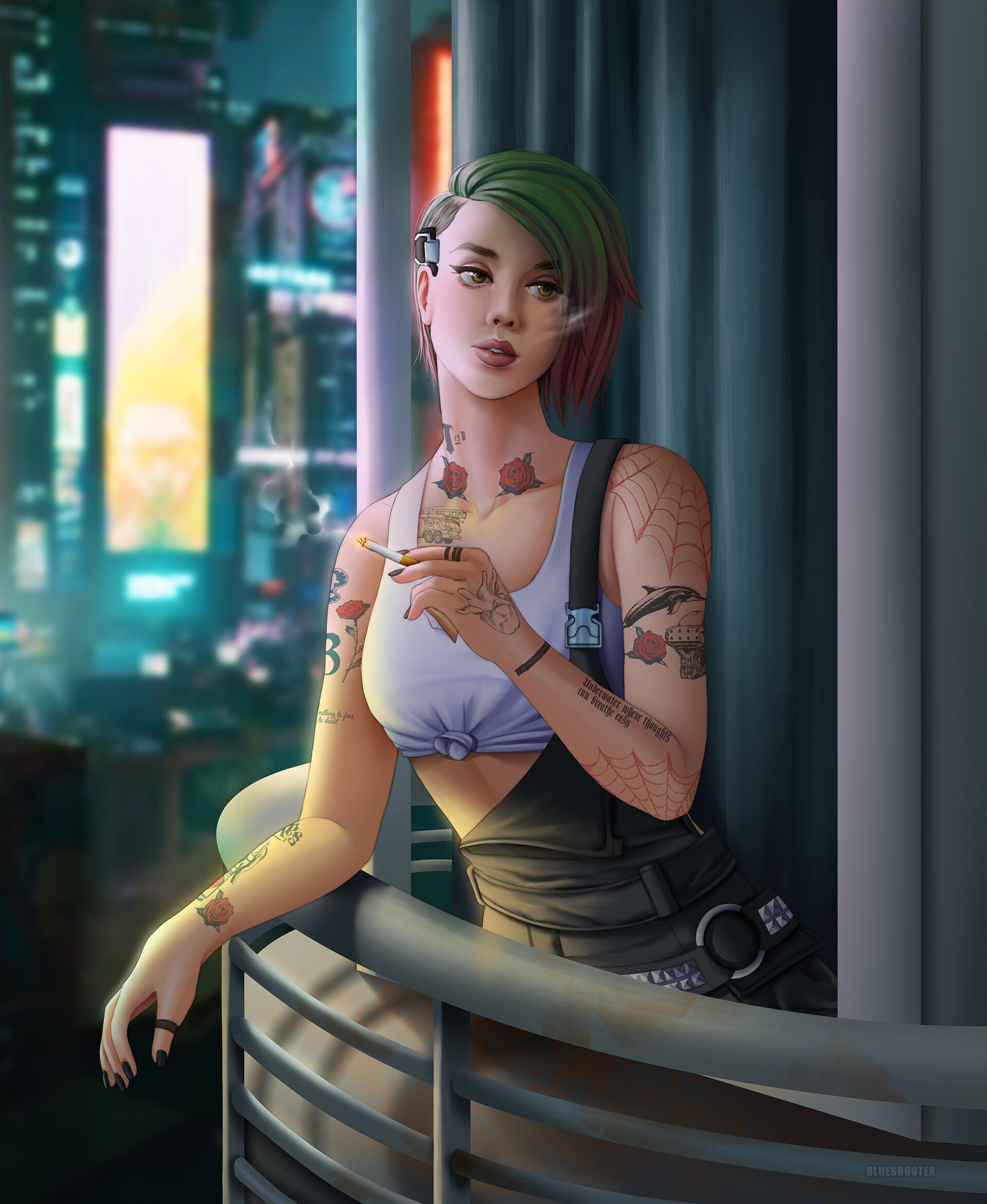 cyberpunk, artwork, cigarettes, balcony, open mouth, short hair, smoking, drawing, Cyberpunk 2077, 1080P, ArtStation, depth of field, green hair, tattoo sleeve, Phone HD Wallpaper