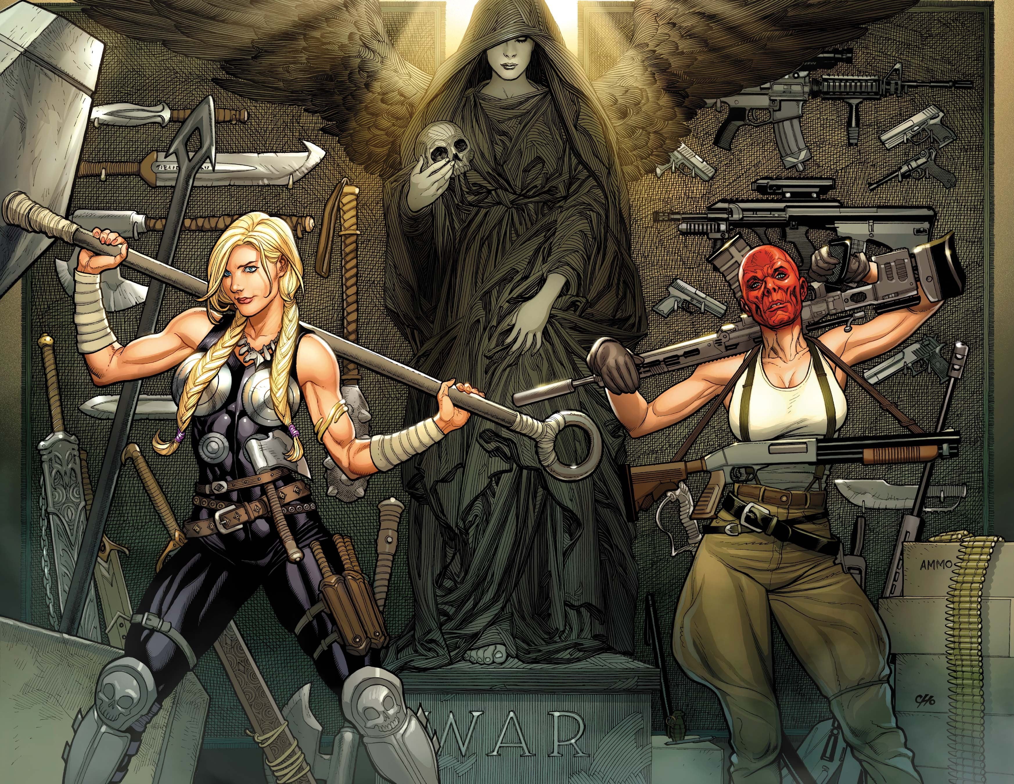 Marvel, 2K, Frank Cho, Shotgun, Braids, Red Skull, Wings, Sake, Machines, Arsenal, Marvel Comics, Guns, Death, Girls, Swords, Pigtails, Gun, Weapons, Art, HD Wallpaper