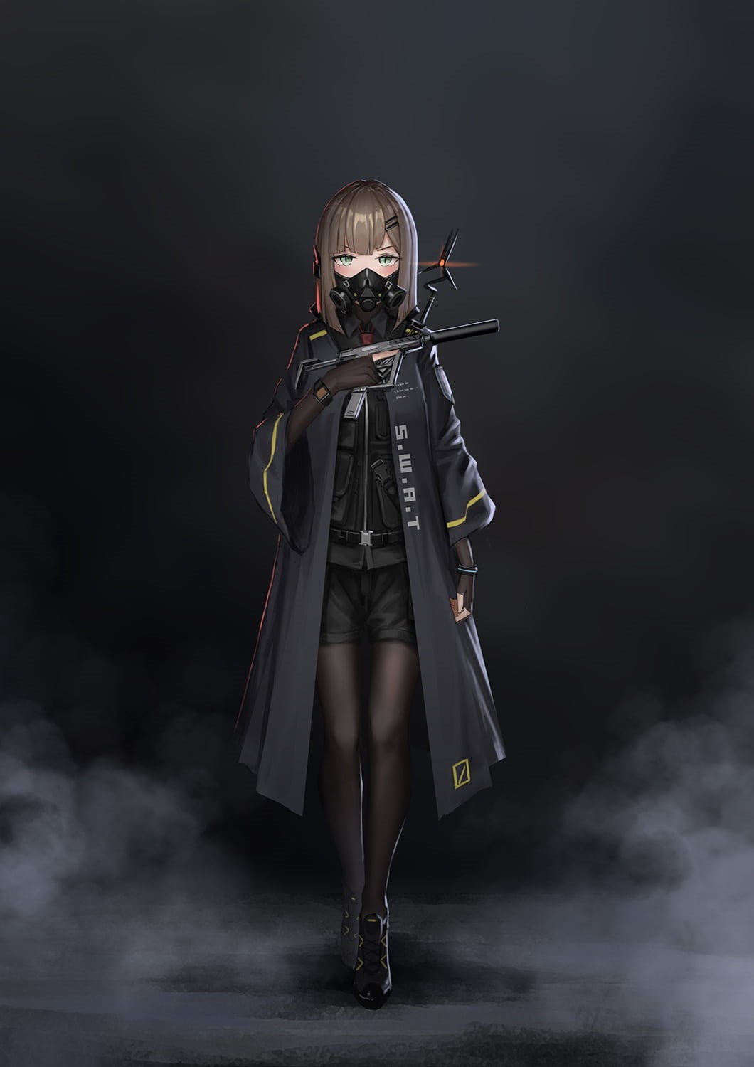 digital art, portrait display, anime, brunette, SWAT, weapon, gun, brown eyes, black background, short hair, original characters, vertical, 720P, girls with guns, Phone HD Wallpaper