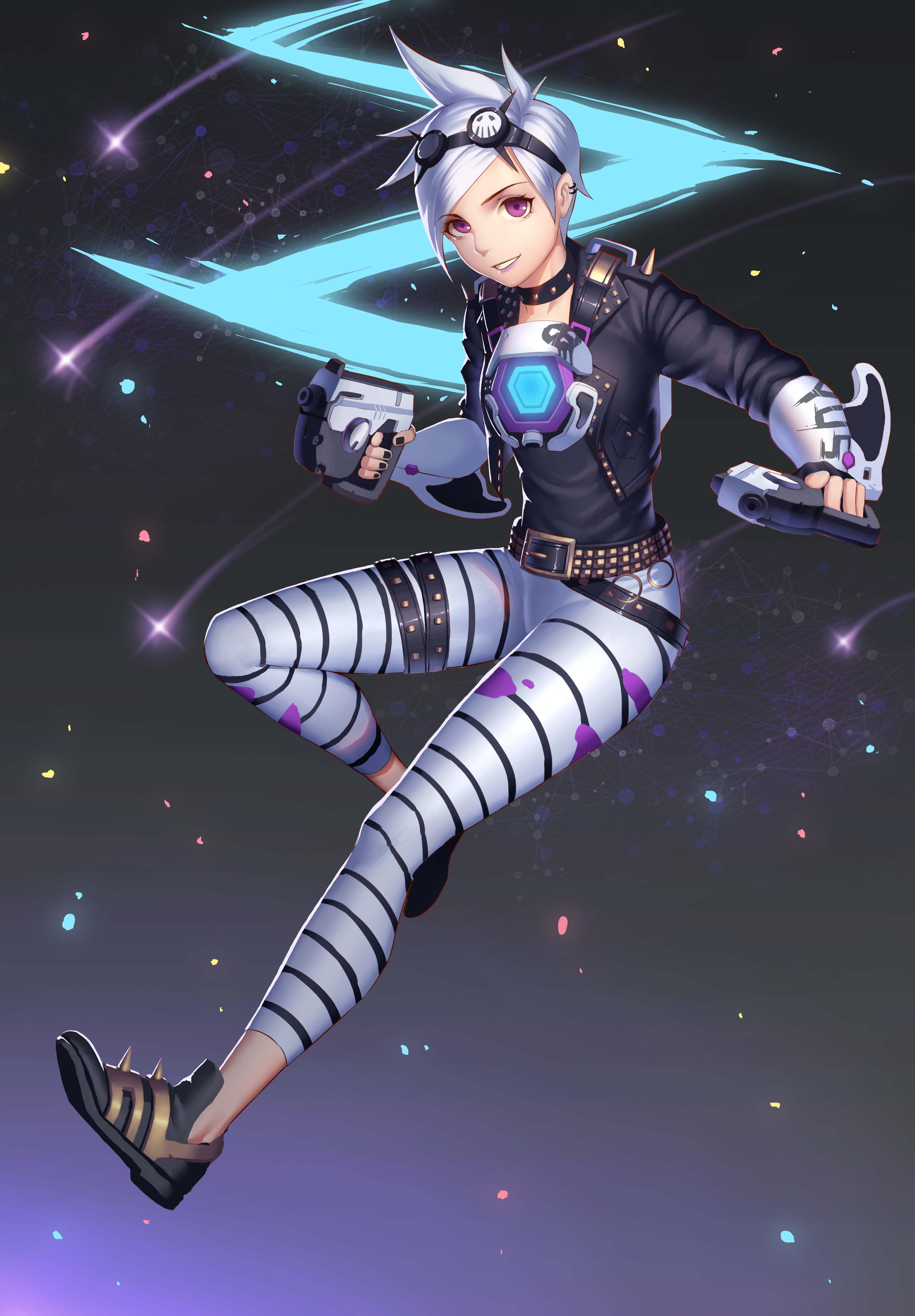 young women, lifestyles, blue, clothing, purple eyes, full length, weapon, anime girls, short hair, female, Tracer (Overwatch), sport, 4K, adult, night, Phone HD Wallpaper