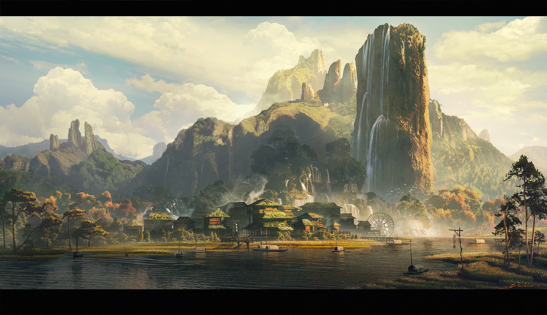 concept art, beauty in nature, fantasy art, nature, water, formation, physical geography, mountain, travel destinations, scenics - nature, tranquil scene, HD Wallpaper