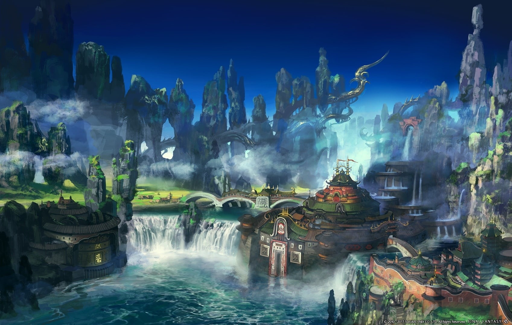 landscape, square, water, com, (artist), 247695, fantasy, building, scenic, waterfall, xiv, final, konachan, tagme, watermark, 720P, enix, HD Wallpaper